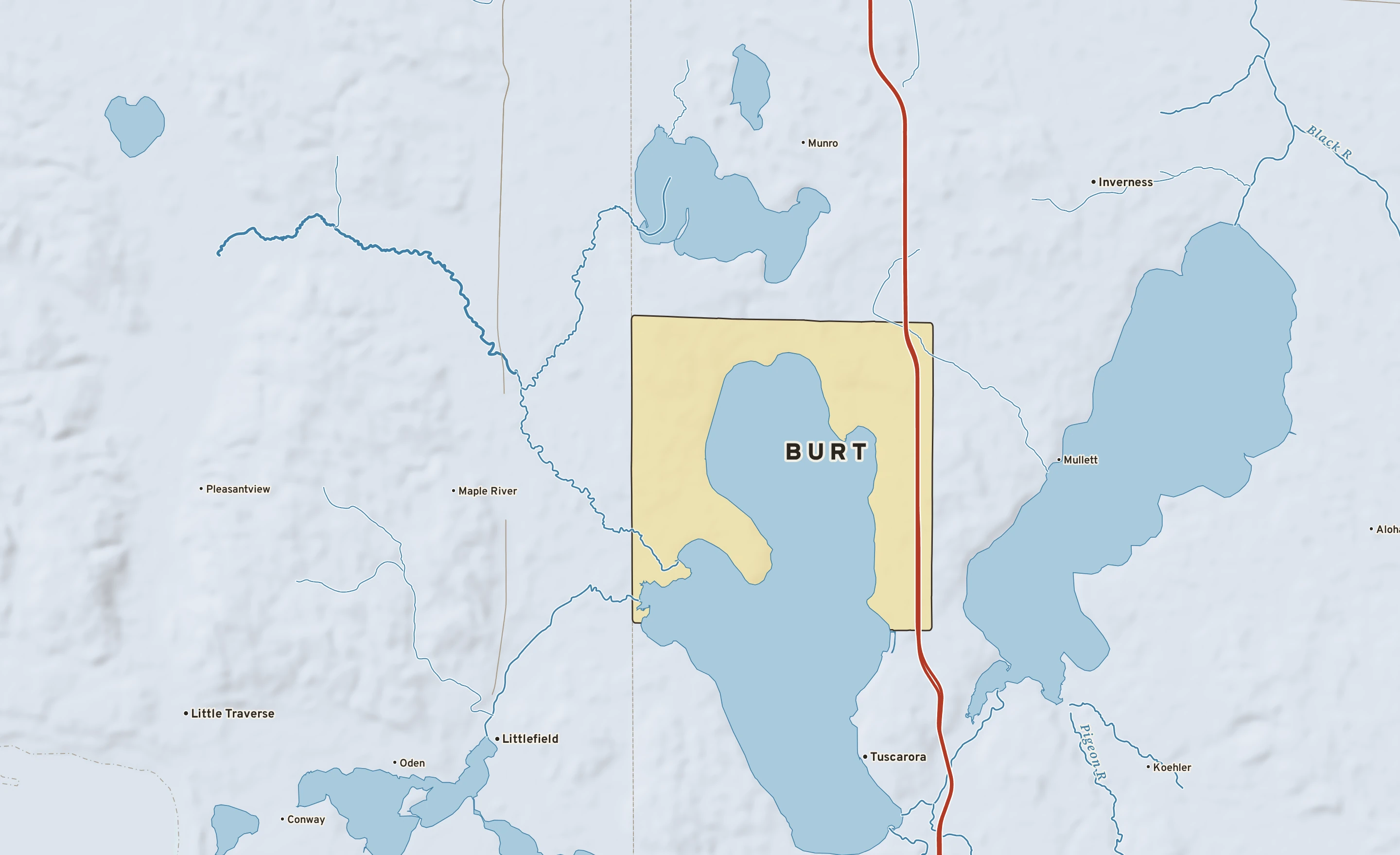 Shaded-relief atlas plate of Burt, Michigan: rivers, roads, the city limits and where the water drains.