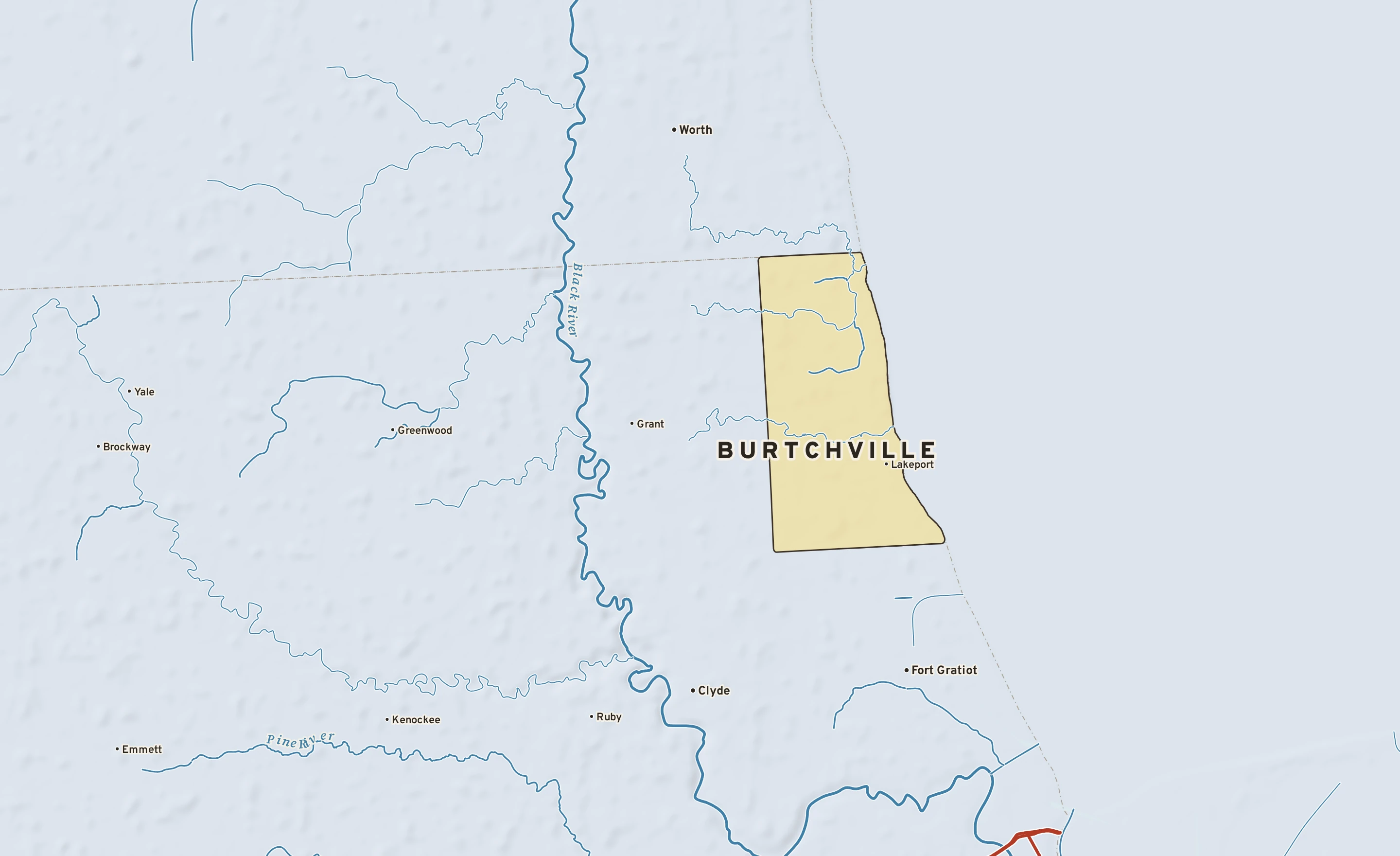 Shaded-relief atlas plate of Burtchville, Michigan: rivers, roads, the city limits and where the water drains.