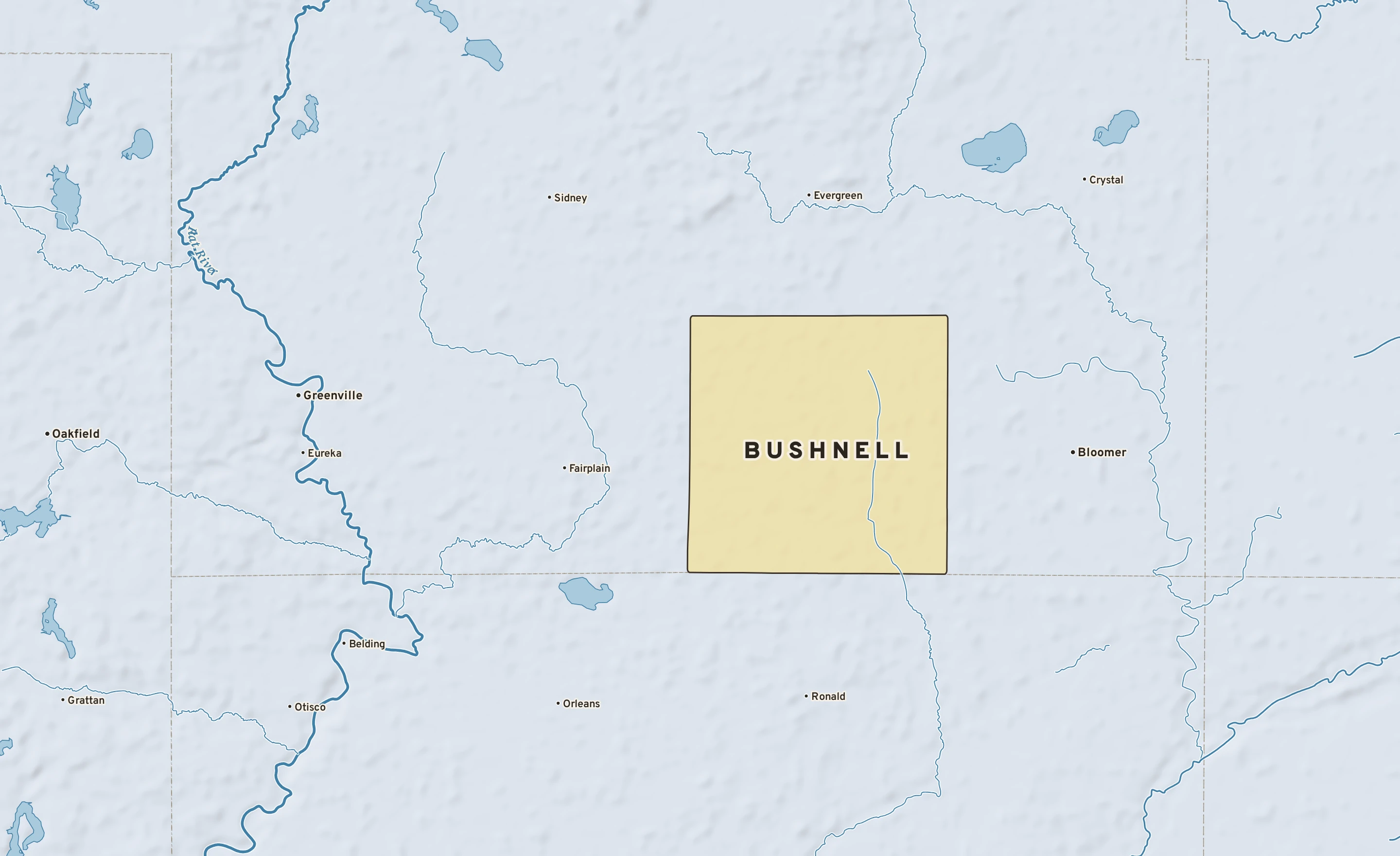 Shaded-relief atlas plate of Bushnell, Michigan: rivers, roads, the city limits and where the water drains.