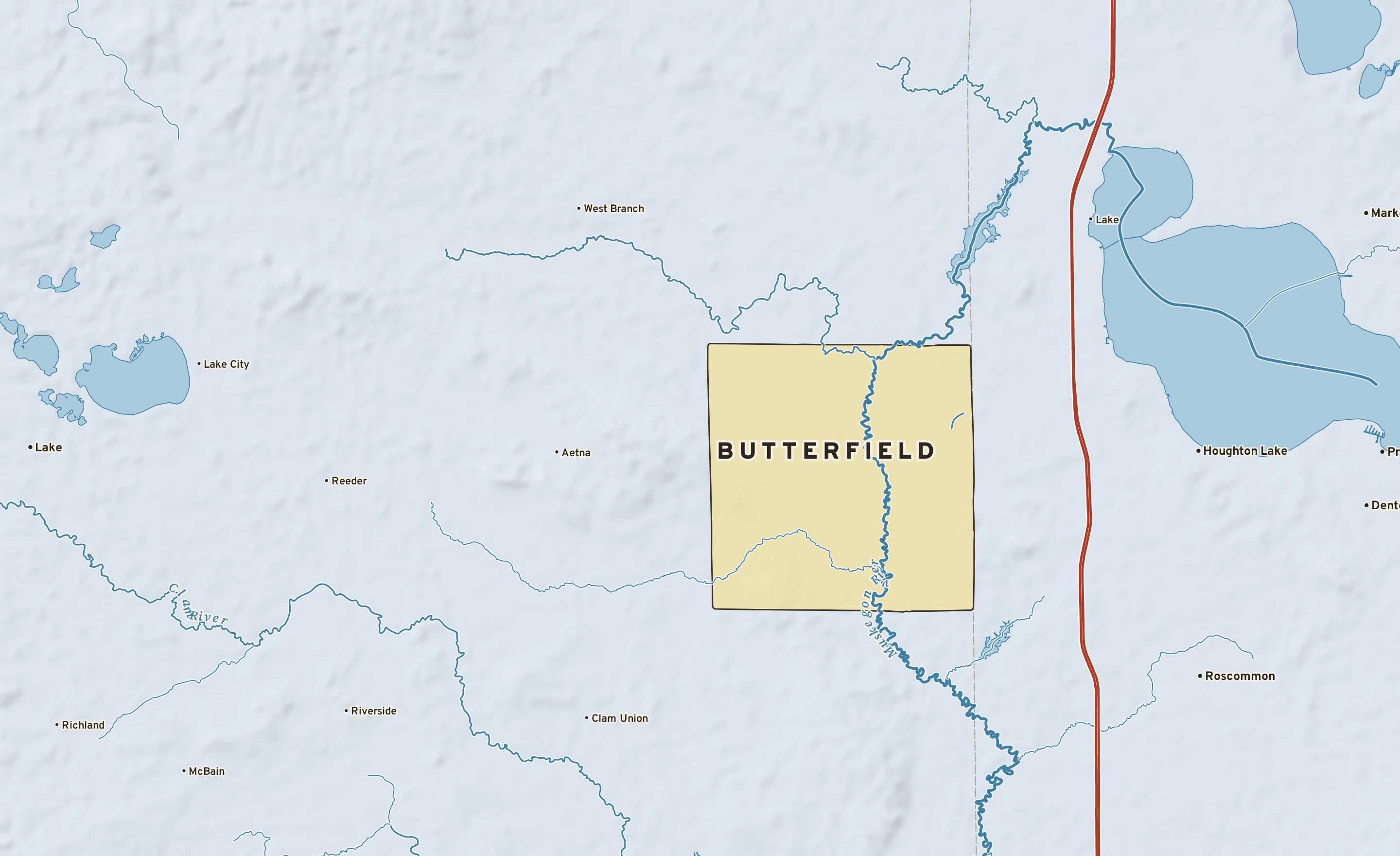 Shaded-relief atlas plate of Butterfield, Michigan: rivers, roads, the city limits and where the water drains.