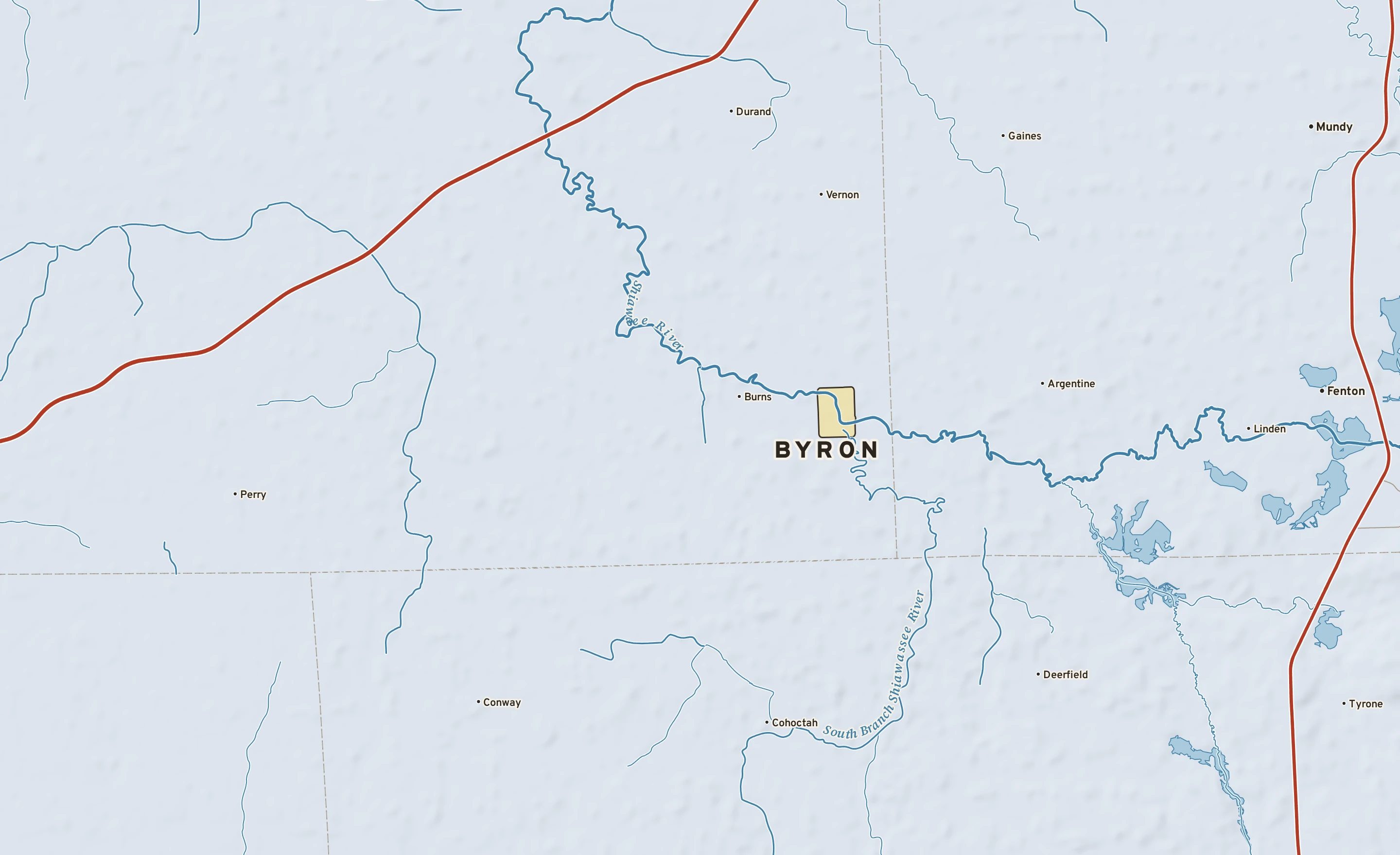 Shaded-relief atlas plate of Byron, Michigan: rivers, roads, the city limits and where the water drains.