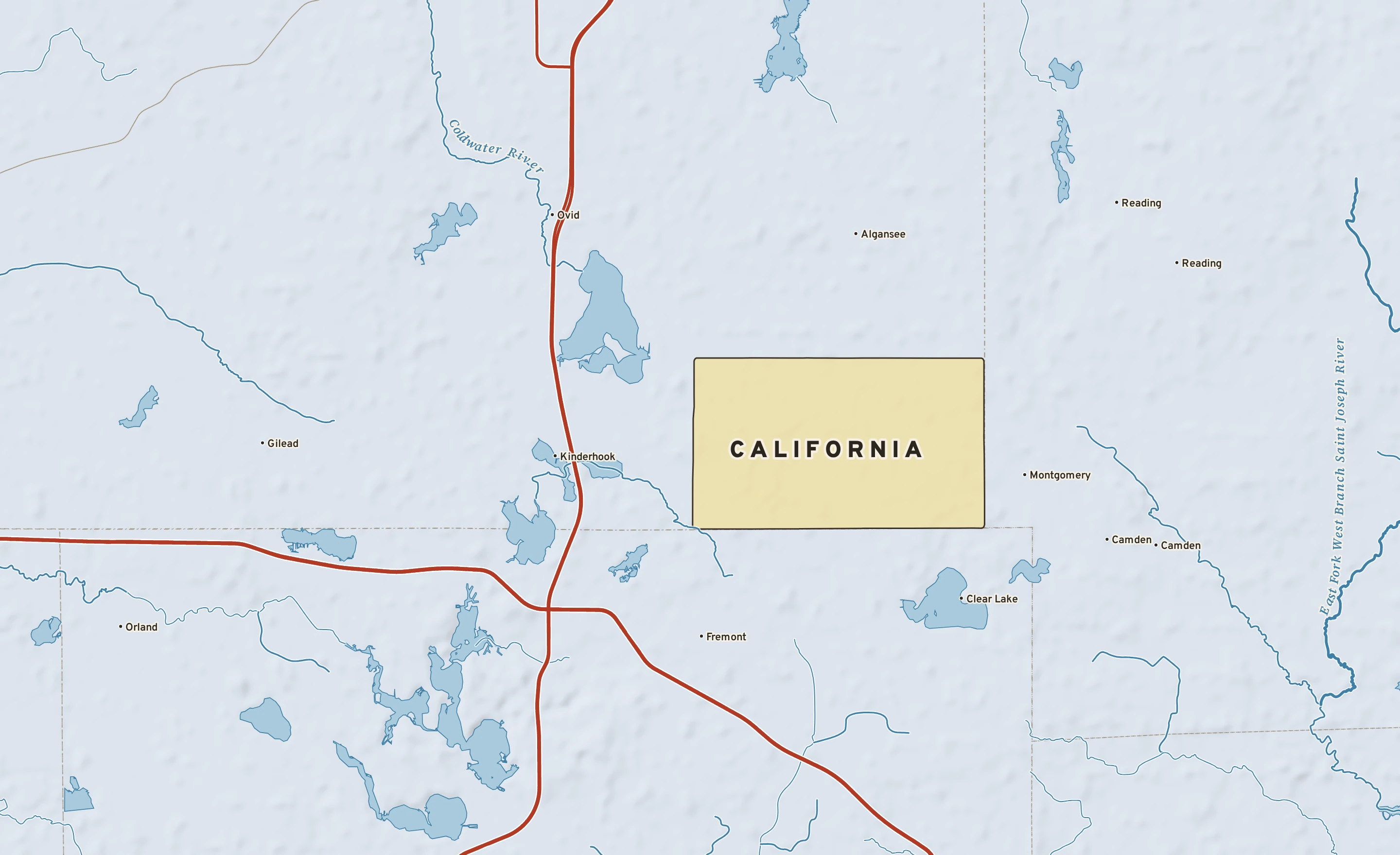 Shaded-relief atlas plate of California, Michigan: rivers, roads, the city limits and where the water drains.