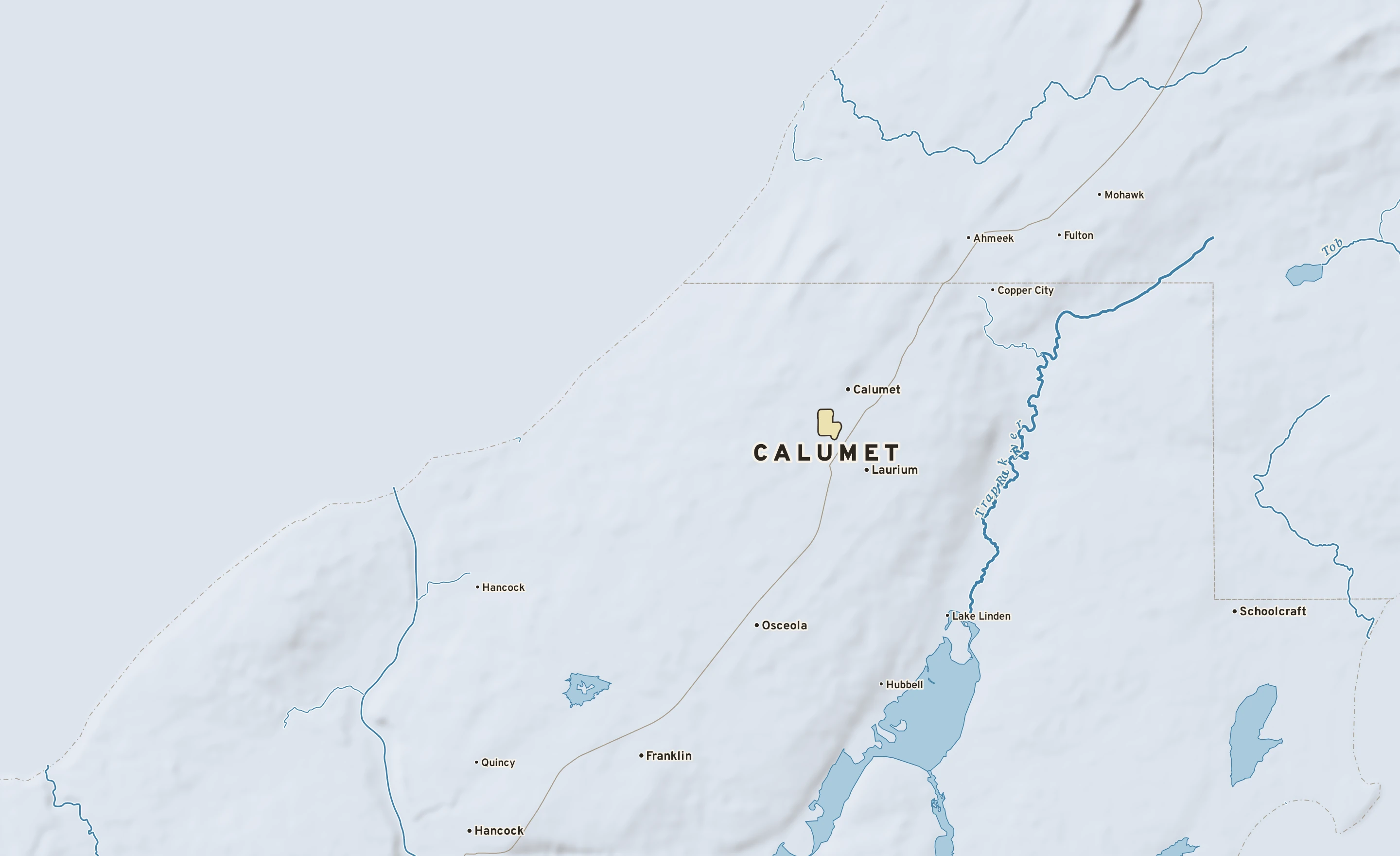 Shaded-relief atlas plate of Calumet, Michigan: rivers, roads, the city limits and where the water drains.