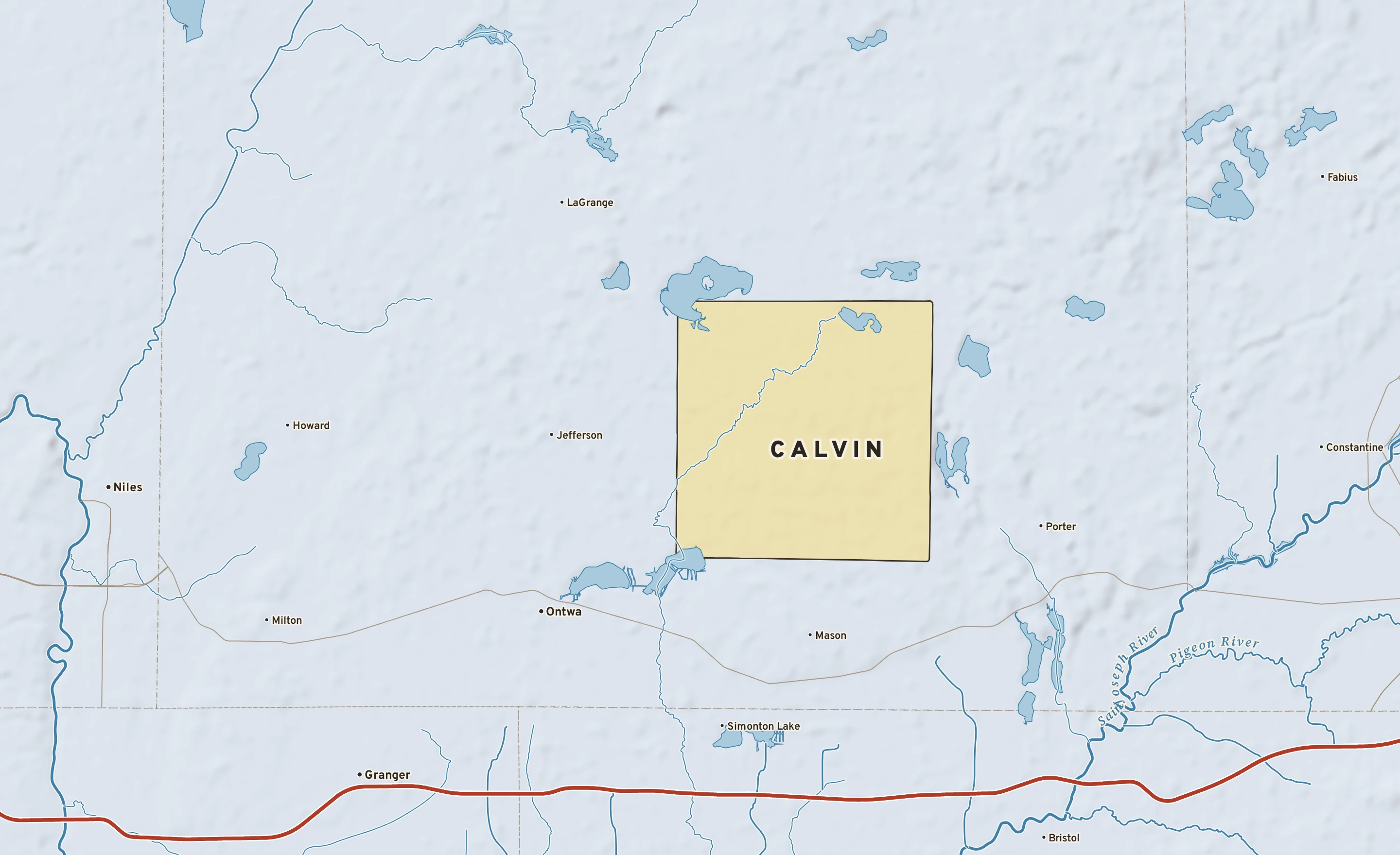 Shaded-relief atlas plate of Calvin, Michigan: rivers, roads, the city limits and where the water drains.