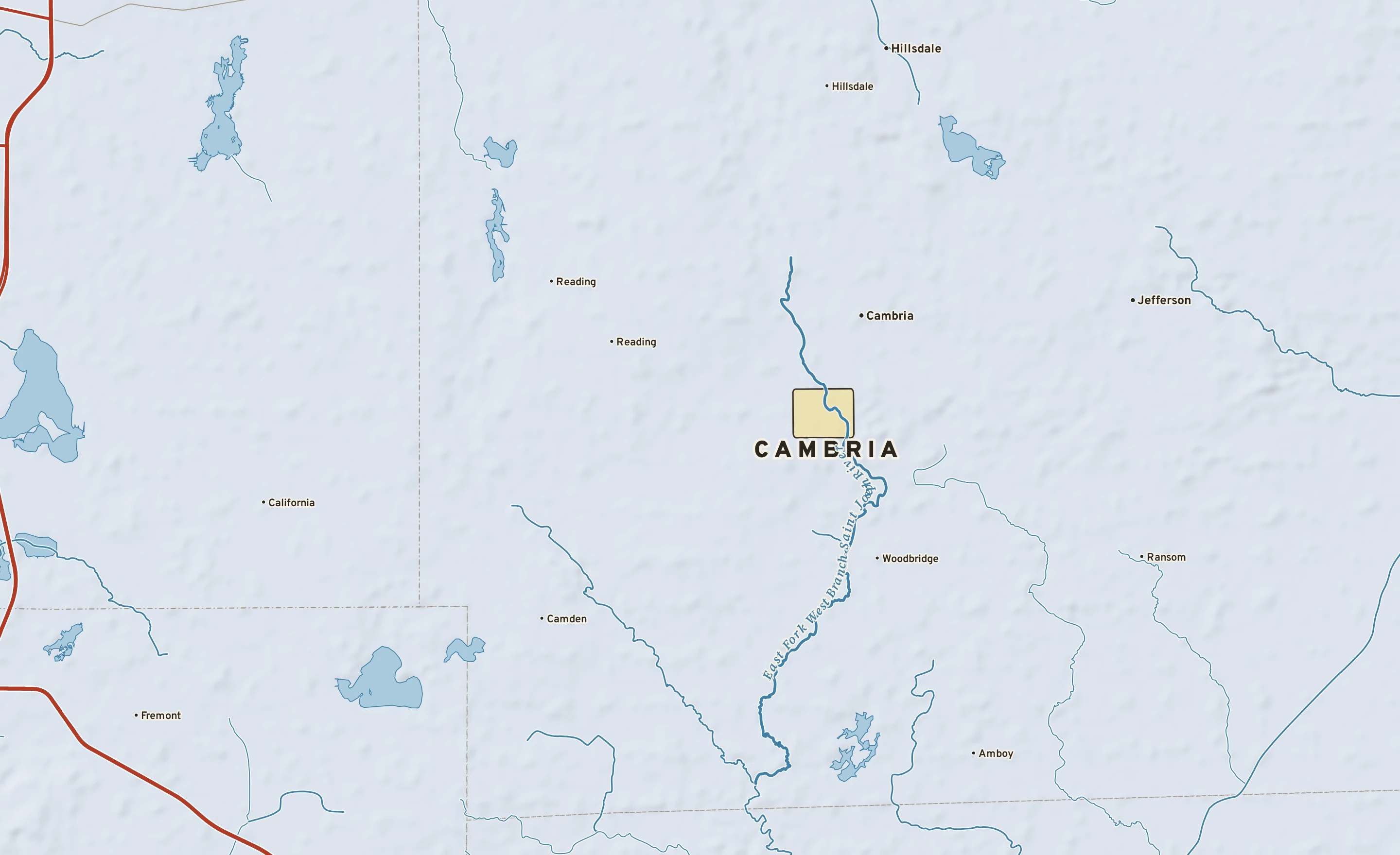 Shaded-relief atlas plate of Cambria, Michigan: rivers, roads, the city limits and where the water drains.