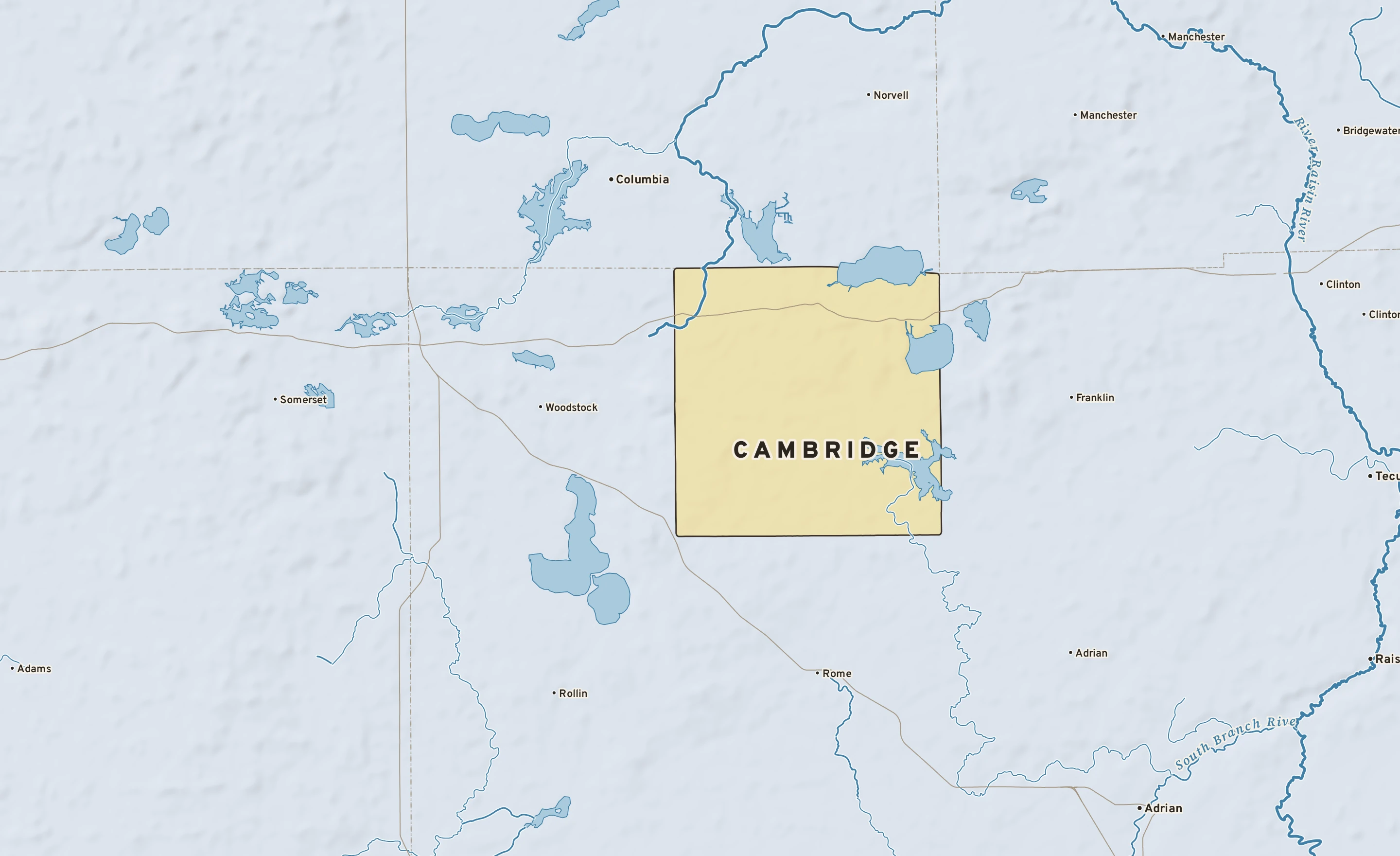Shaded-relief atlas plate of Cambridge, Michigan: rivers, roads, the city limits and where the water drains.