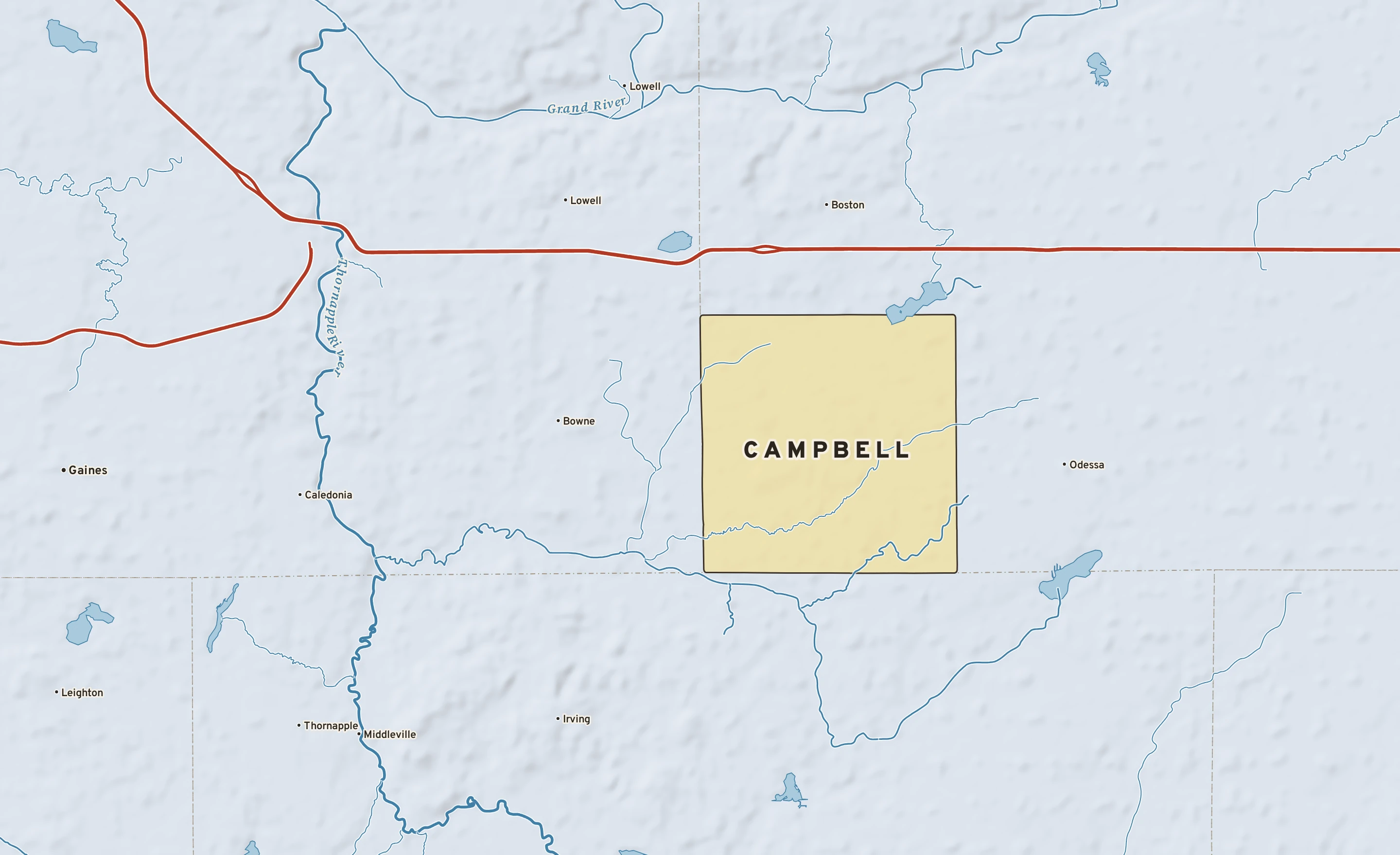 Shaded-relief atlas plate of Campbell, Michigan: rivers, roads, the city limits and where the water drains.