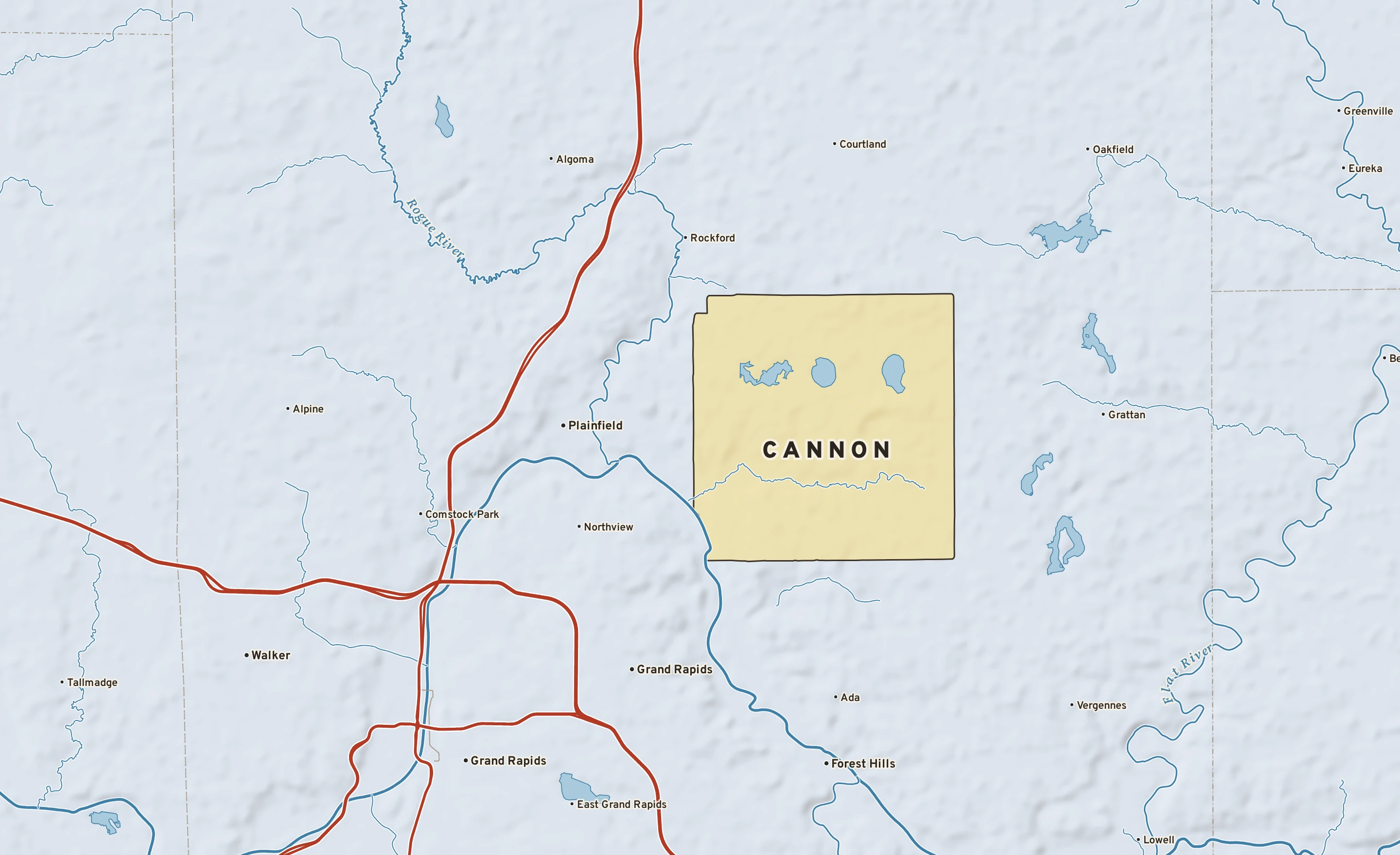 Shaded-relief atlas plate of Cannon, Michigan: rivers, roads, the city limits and where the water drains.