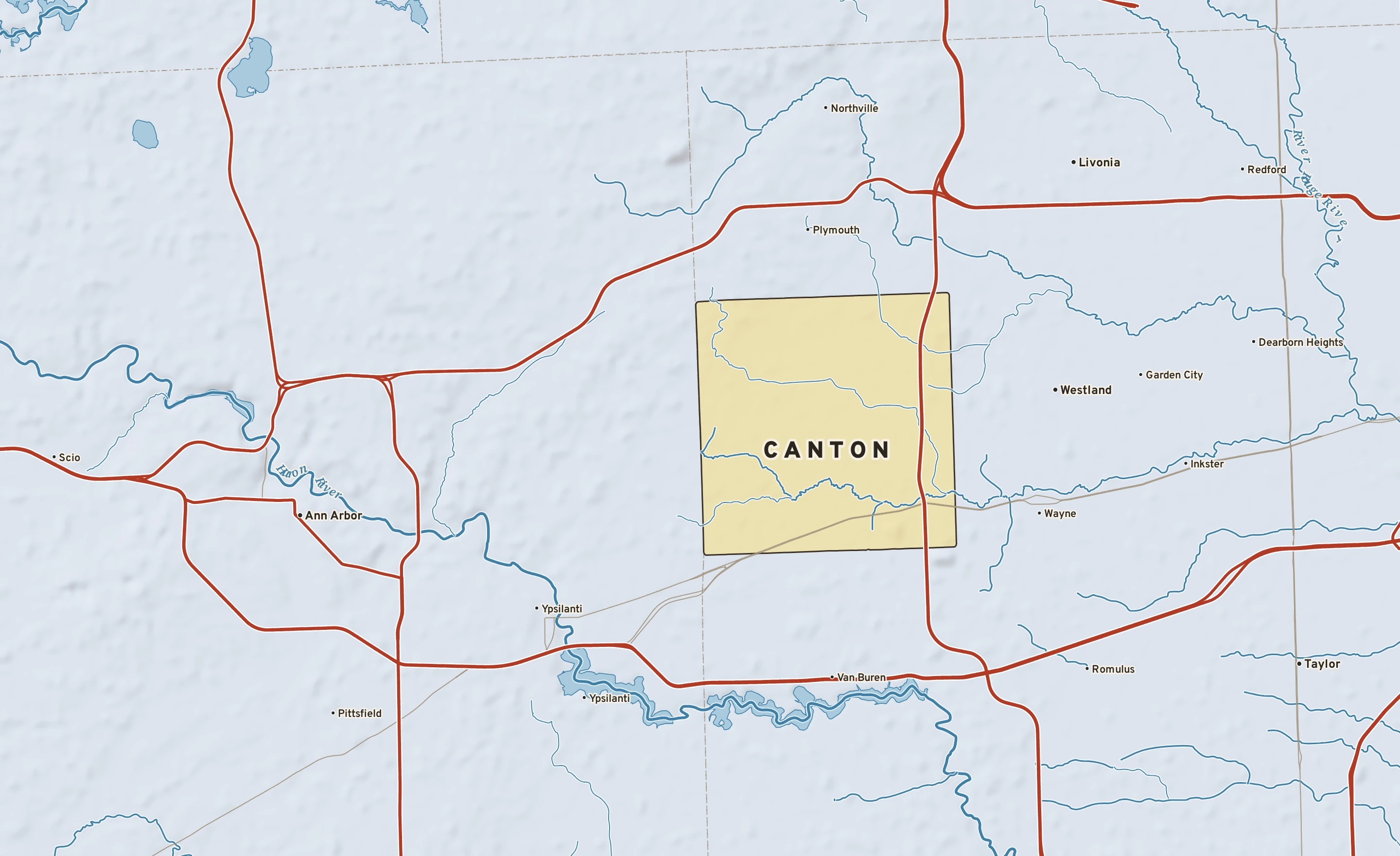 Shaded-relief atlas plate of Canton, Michigan: rivers, roads, the city limits and where the water drains.