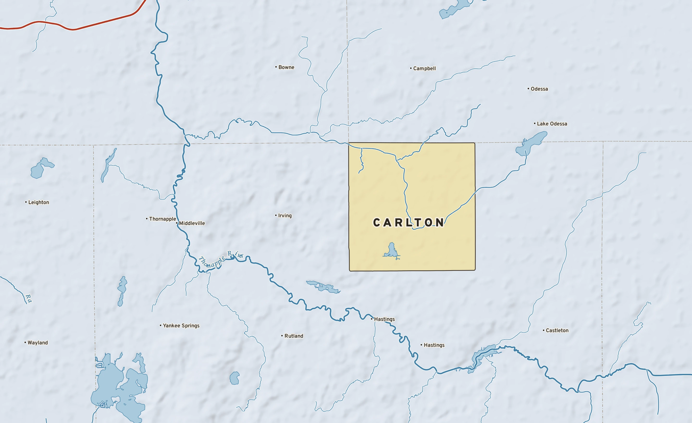 Shaded-relief atlas plate of Carlton, Michigan: rivers, roads, the city limits and where the water drains.
