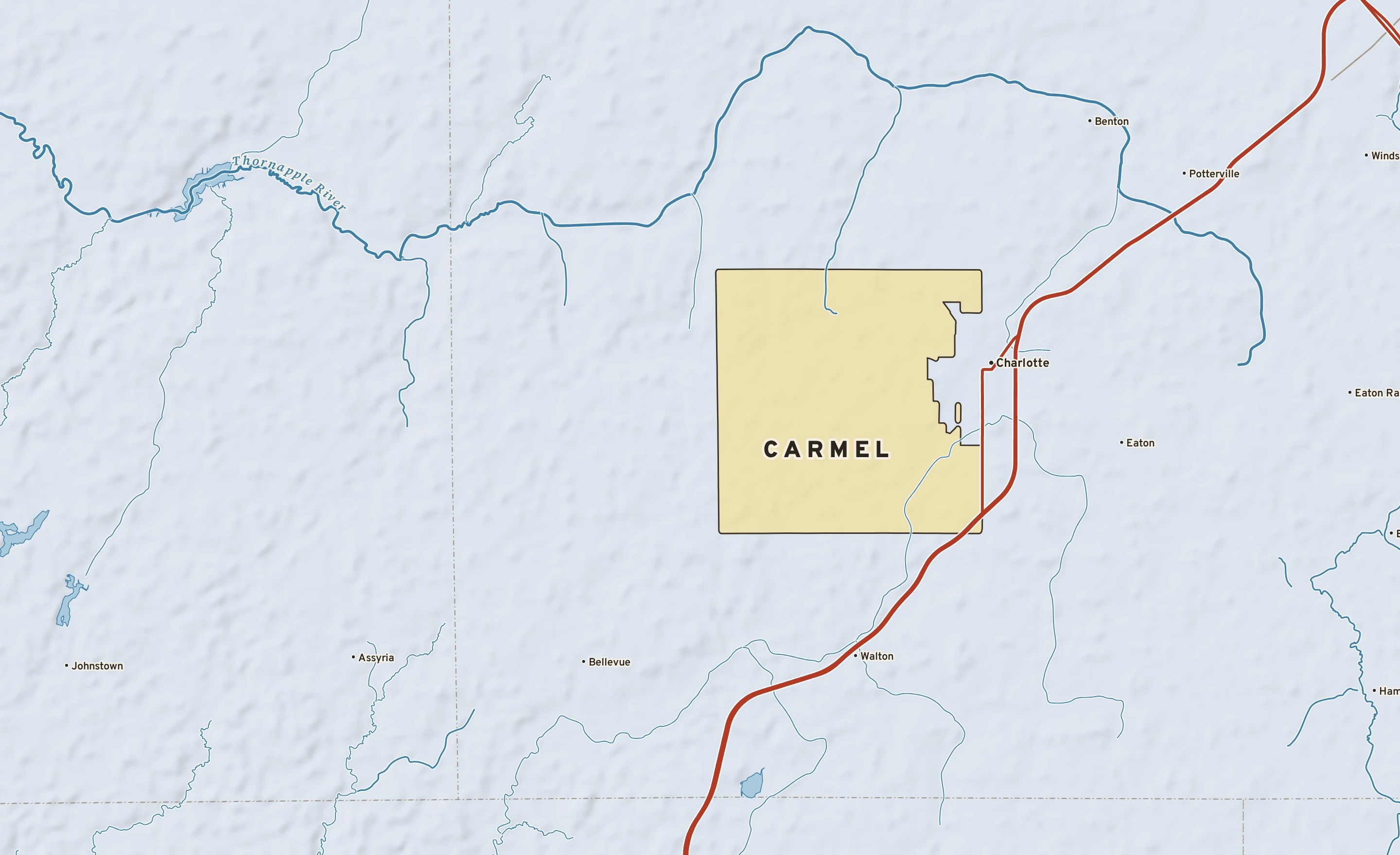 Shaded-relief atlas plate of Carmel, Michigan: rivers, roads, the city limits and where the water drains.
