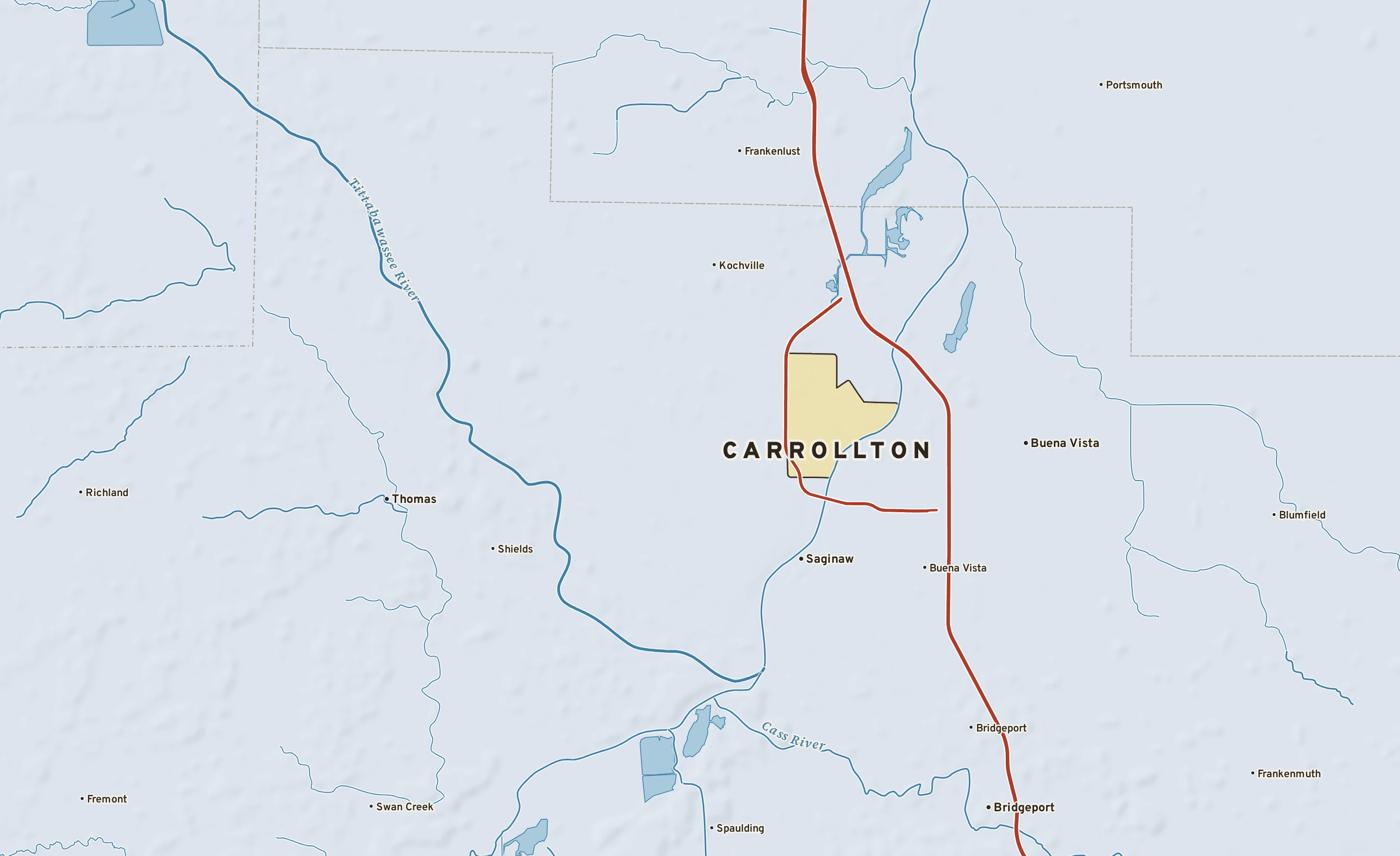 Shaded-relief atlas plate of Carrollton, Michigan: rivers, roads, the city limits and where the water drains.