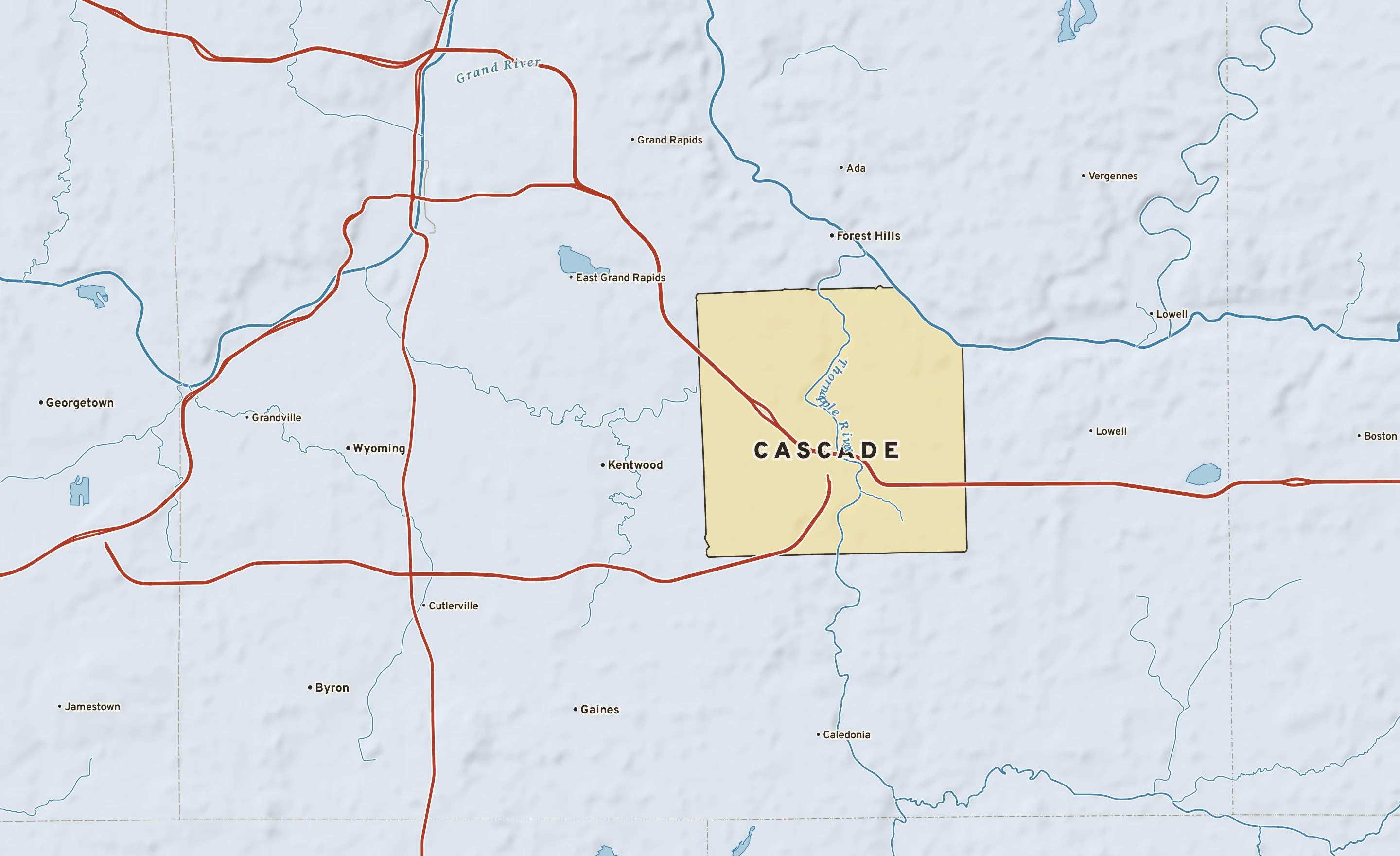 Shaded-relief atlas plate of Cascade, Michigan: rivers, roads, the city limits and where the water drains.