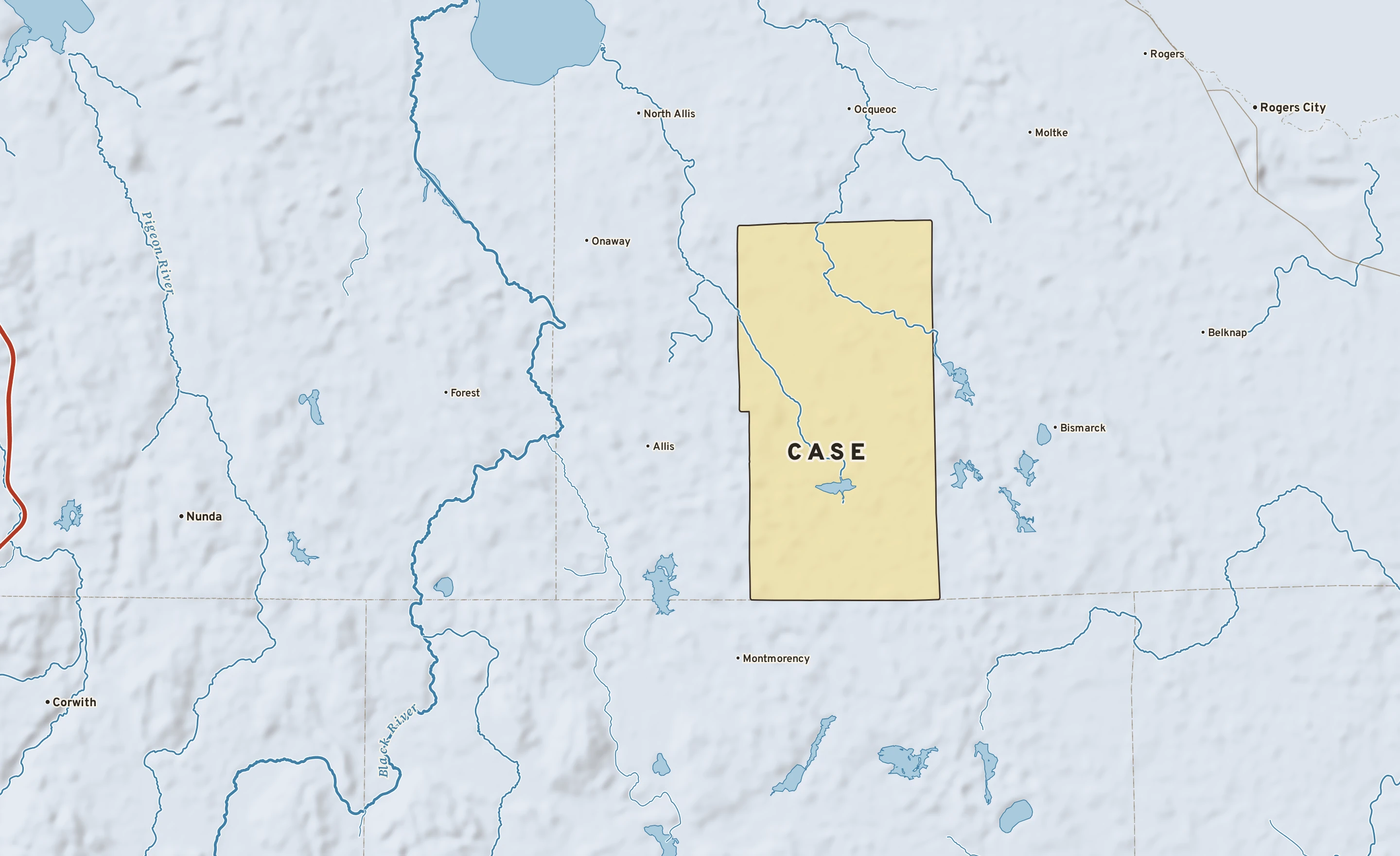 Shaded-relief atlas plate of Case, Michigan: rivers, roads, the city limits and where the water drains.