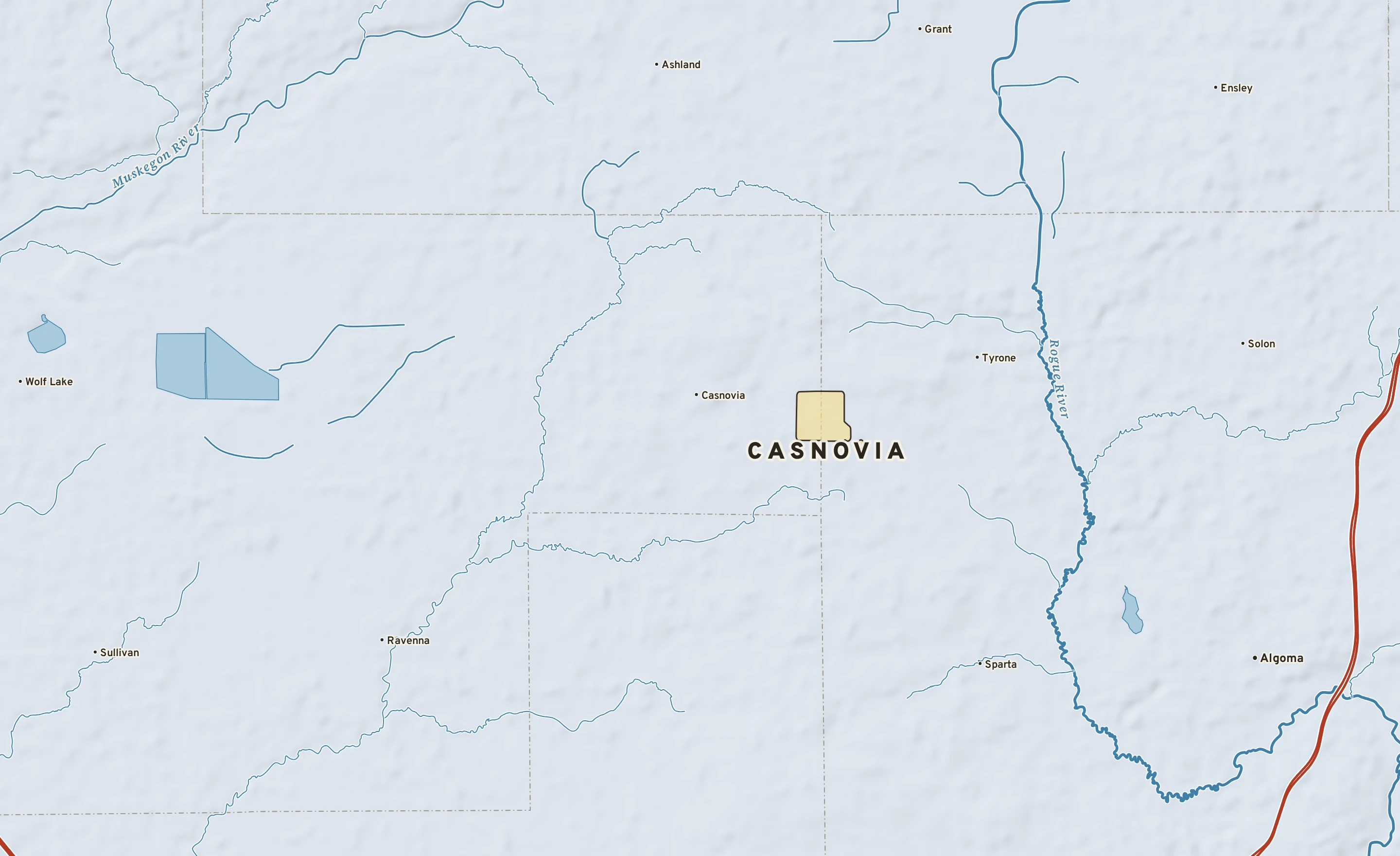 Shaded-relief atlas plate of Casnovia, Michigan: rivers, roads, the city limits and where the water drains.