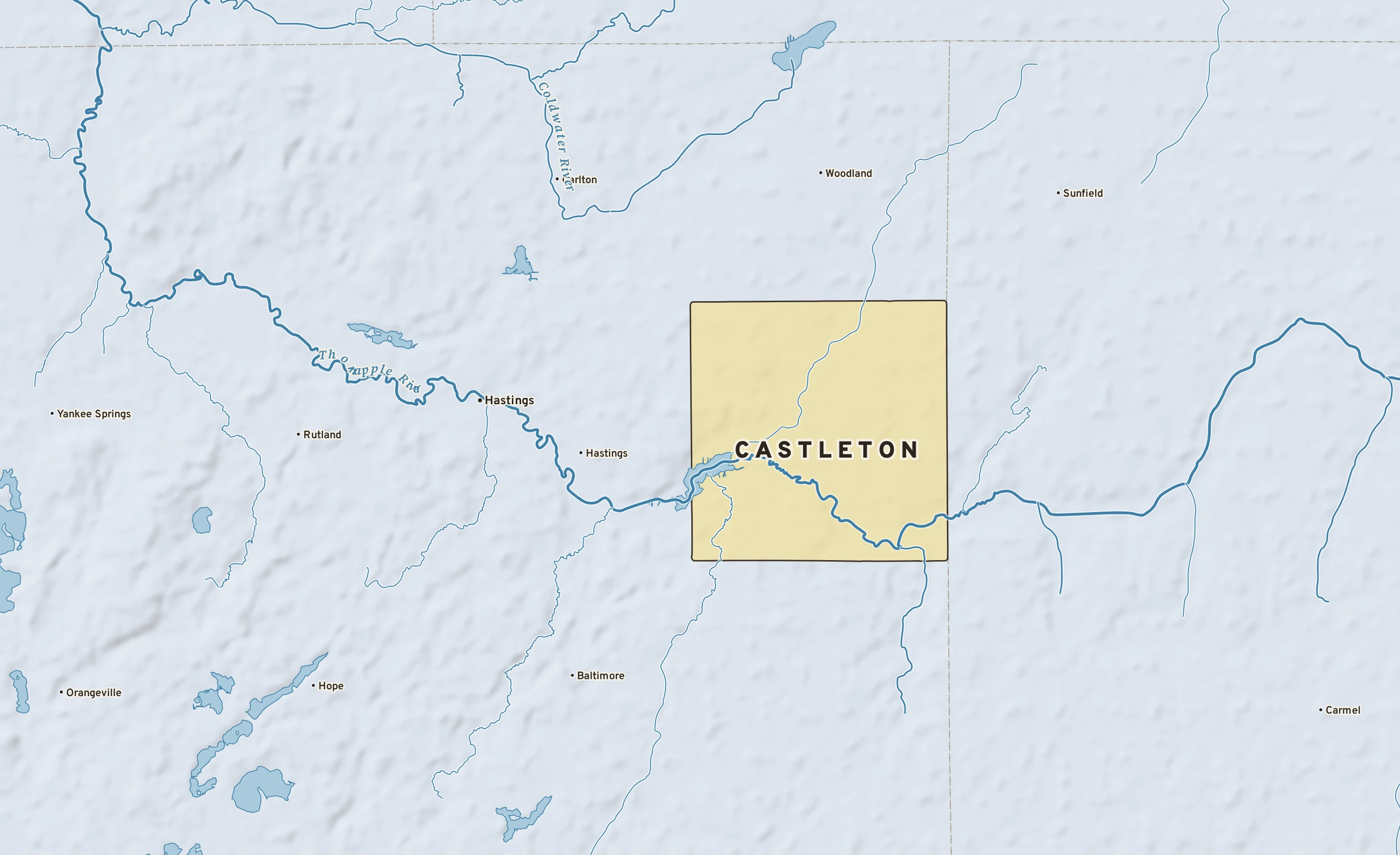 Shaded-relief atlas plate of Castleton, Michigan: rivers, roads, the city limits and where the water drains.