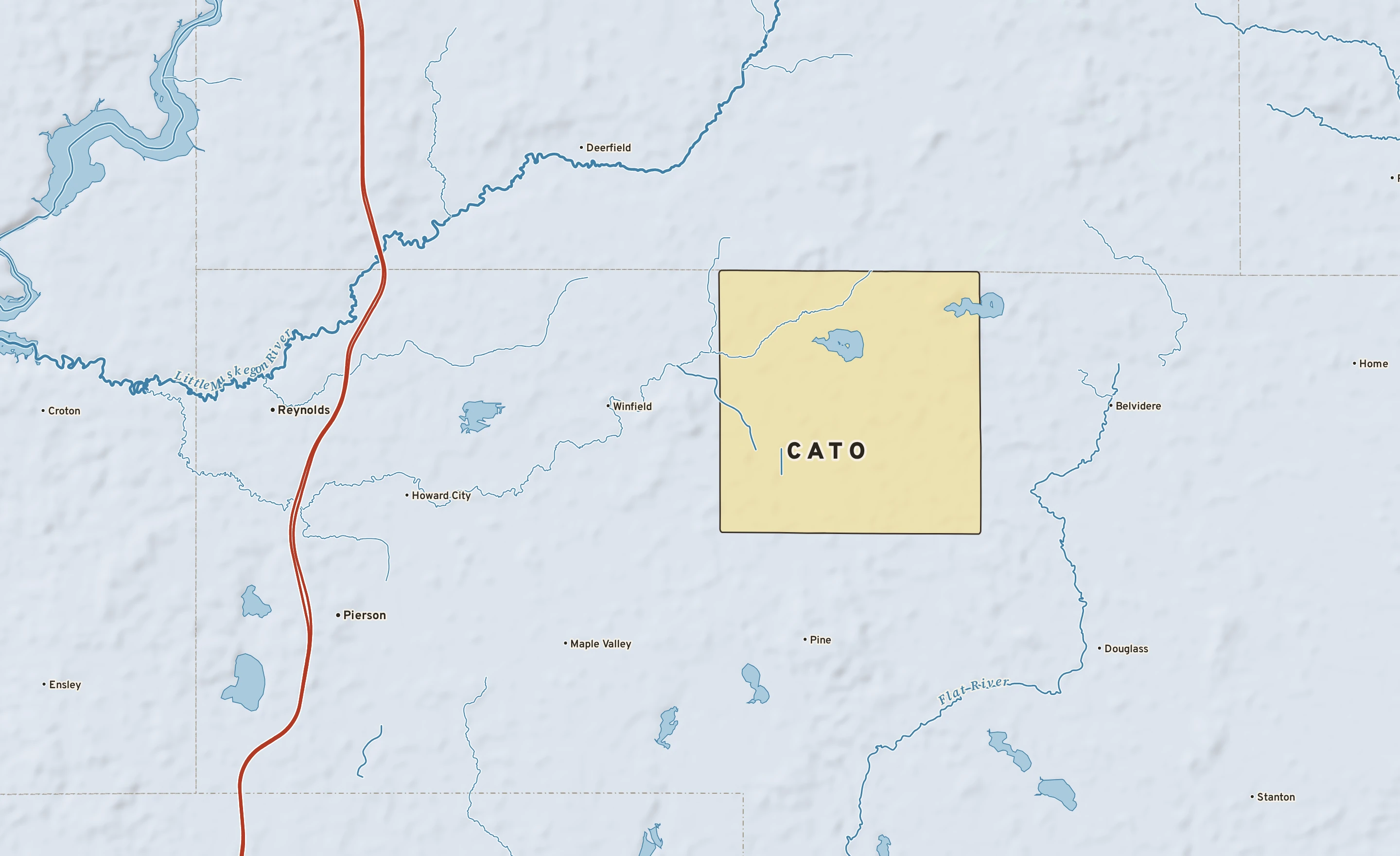 Shaded-relief atlas plate of Cato, Michigan: rivers, roads, the city limits and where the water drains.