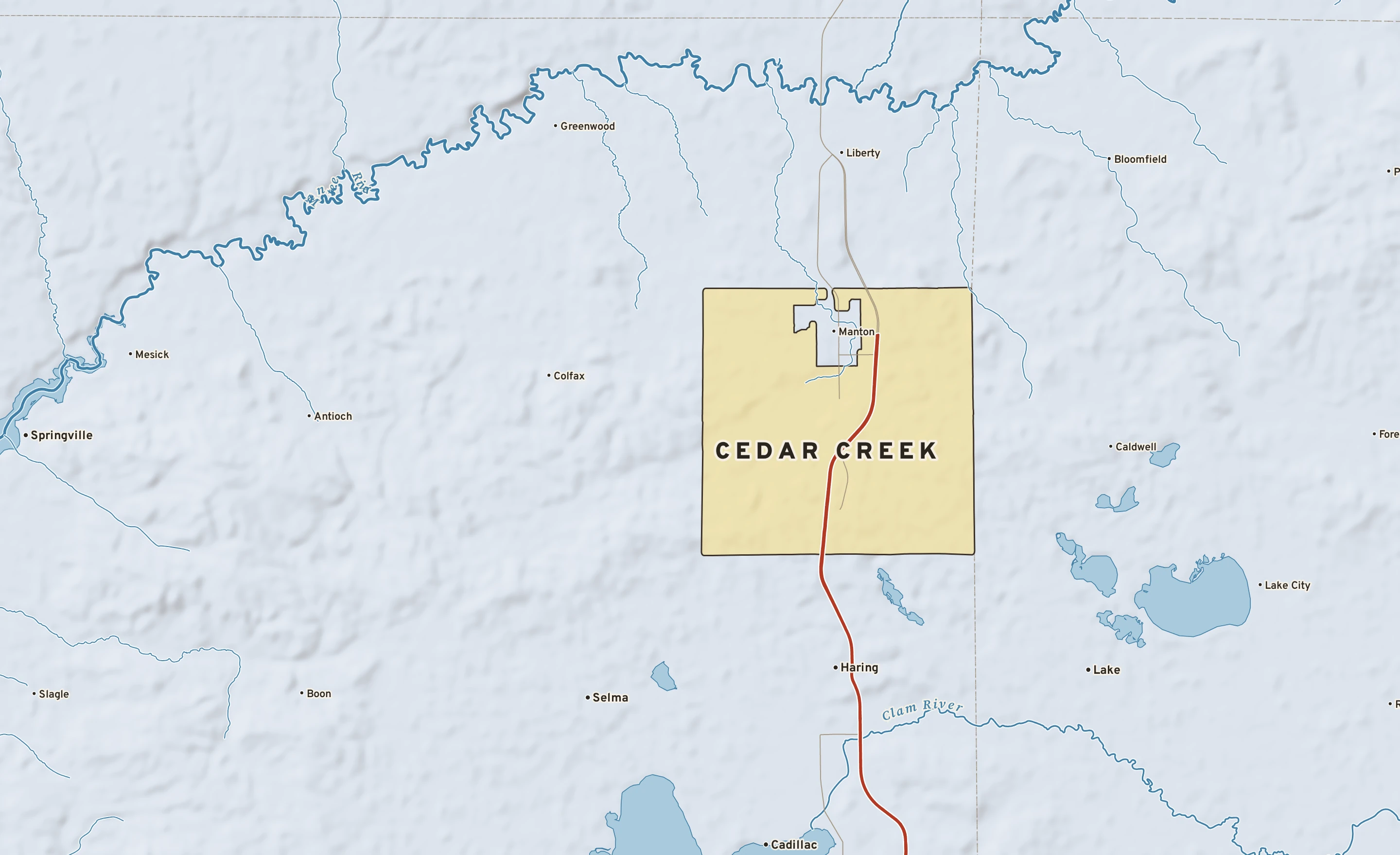 Shaded-relief atlas plate of Cedar Creek, Michigan: rivers, roads, the city limits and where the water drains.