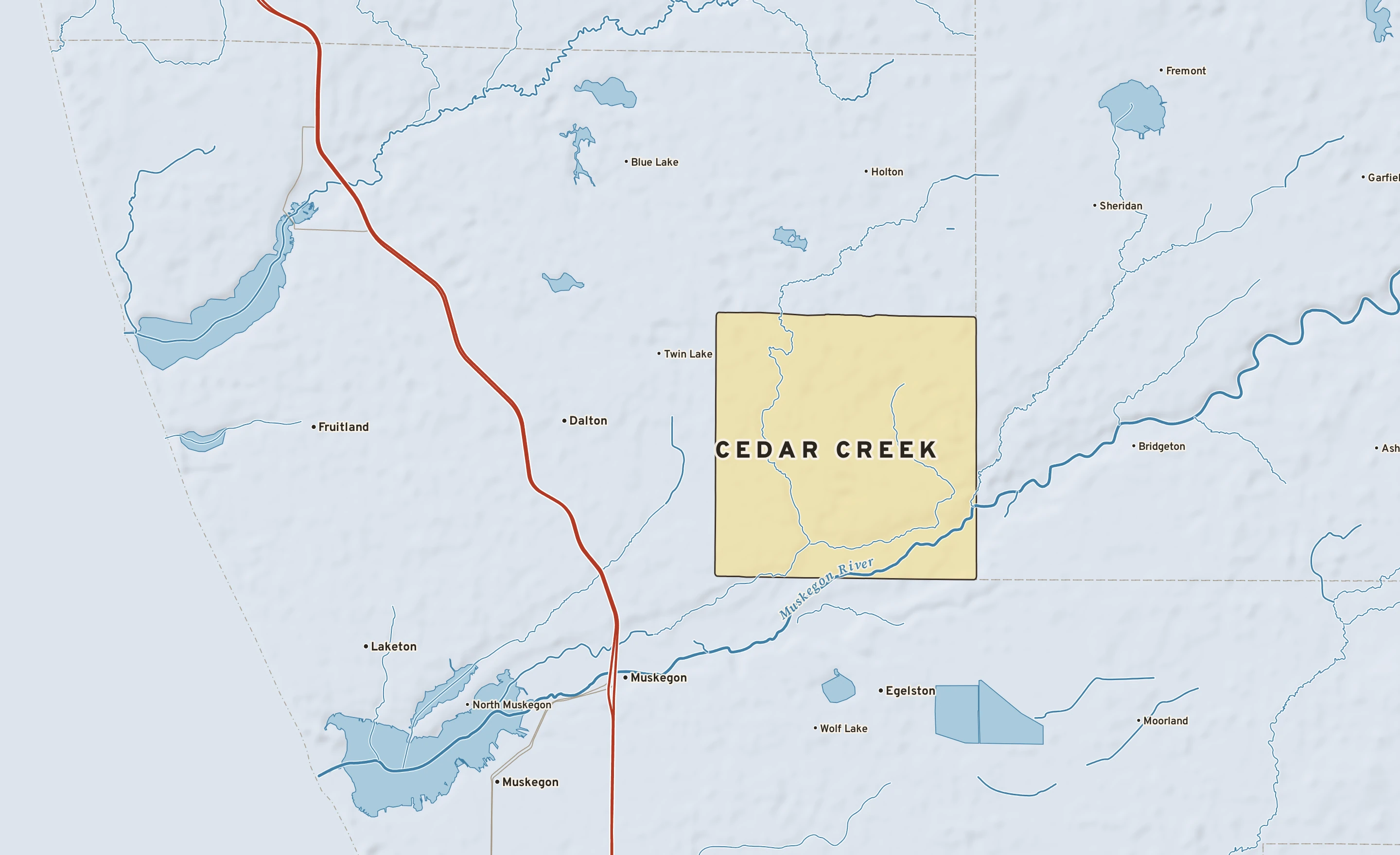 Shaded-relief atlas plate of Cedar Creek, Michigan: rivers, roads, the city limits and where the water drains.