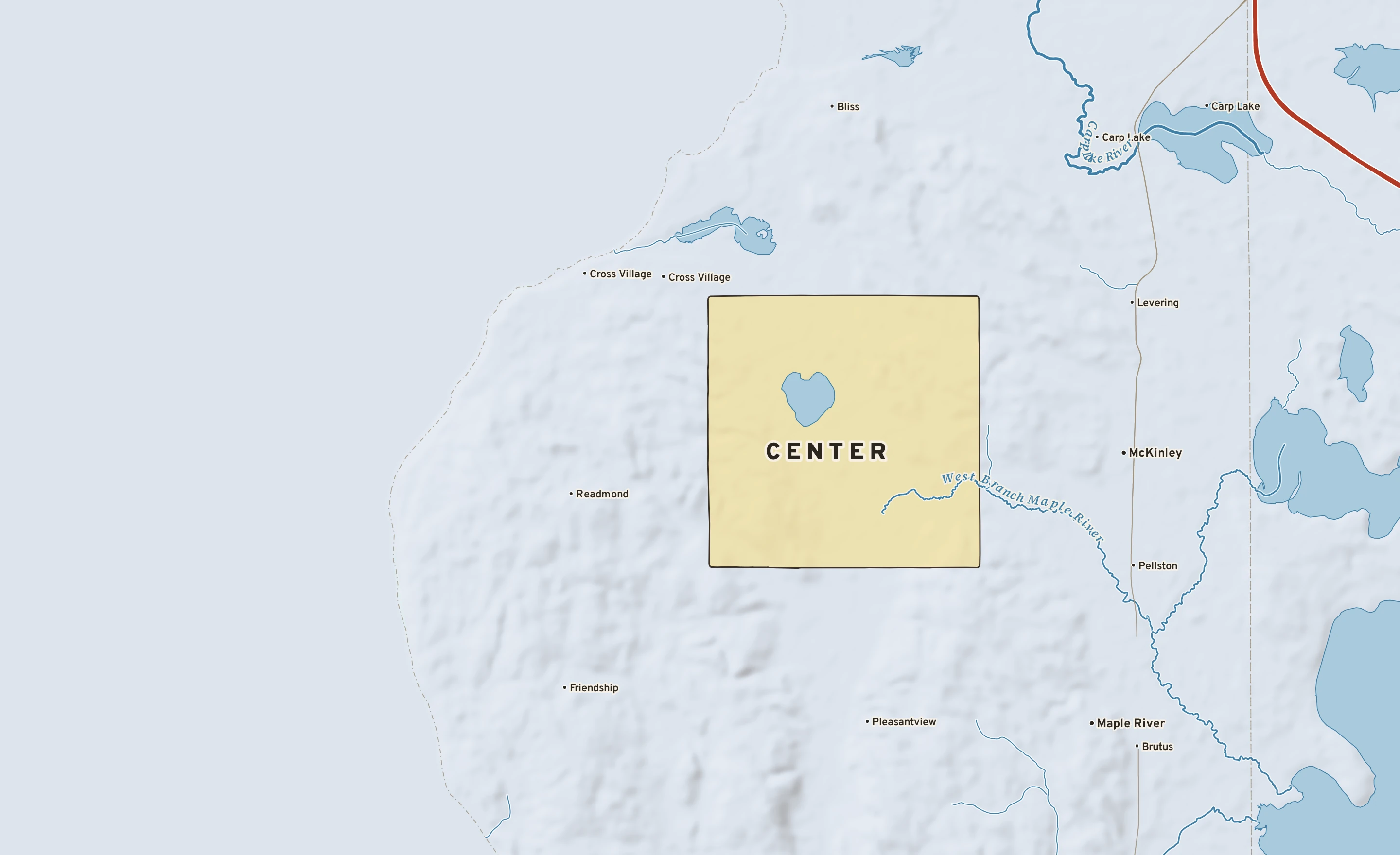 Shaded-relief atlas plate of Center, Michigan: rivers, roads, the city limits and where the water drains.