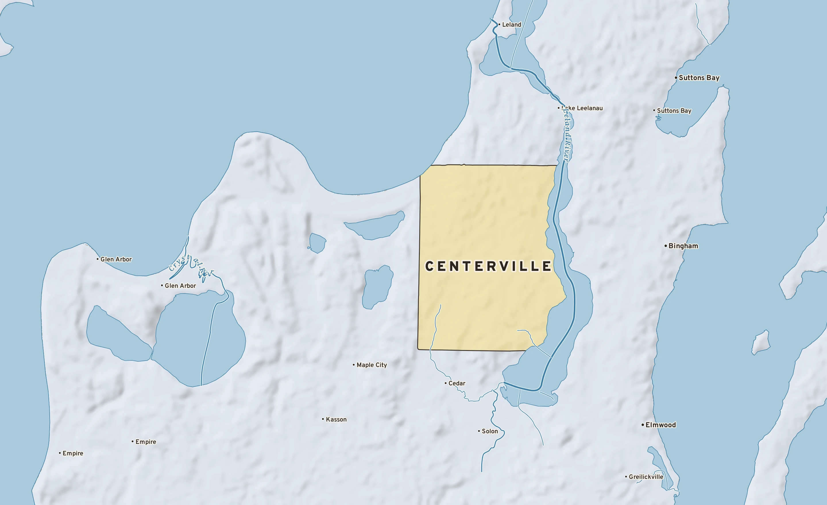 Shaded-relief atlas plate of Centerville, Michigan: rivers, roads, the city limits and where the water drains.