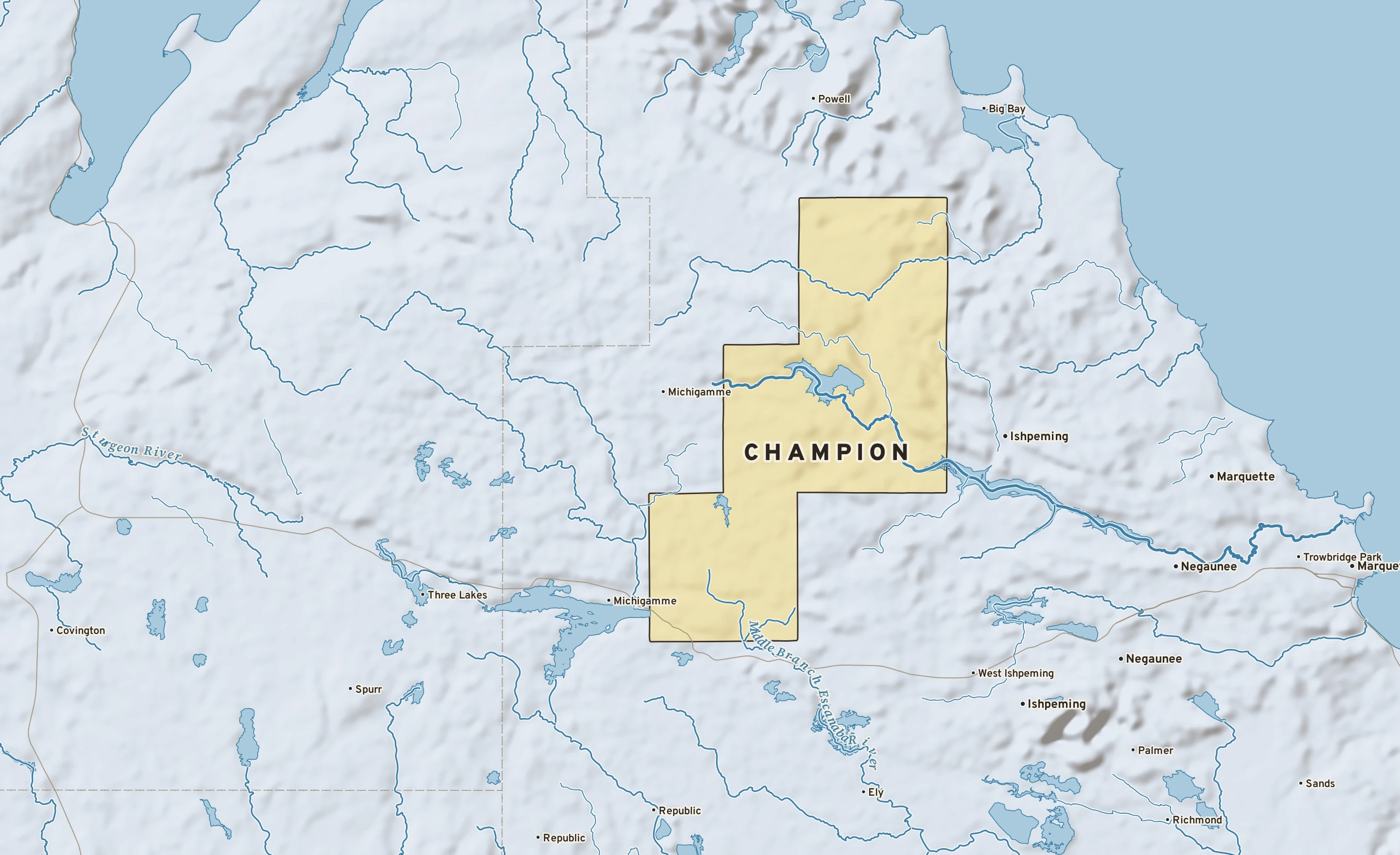Shaded-relief atlas plate of Champion, Michigan: rivers, roads, the city limits and where the water drains.