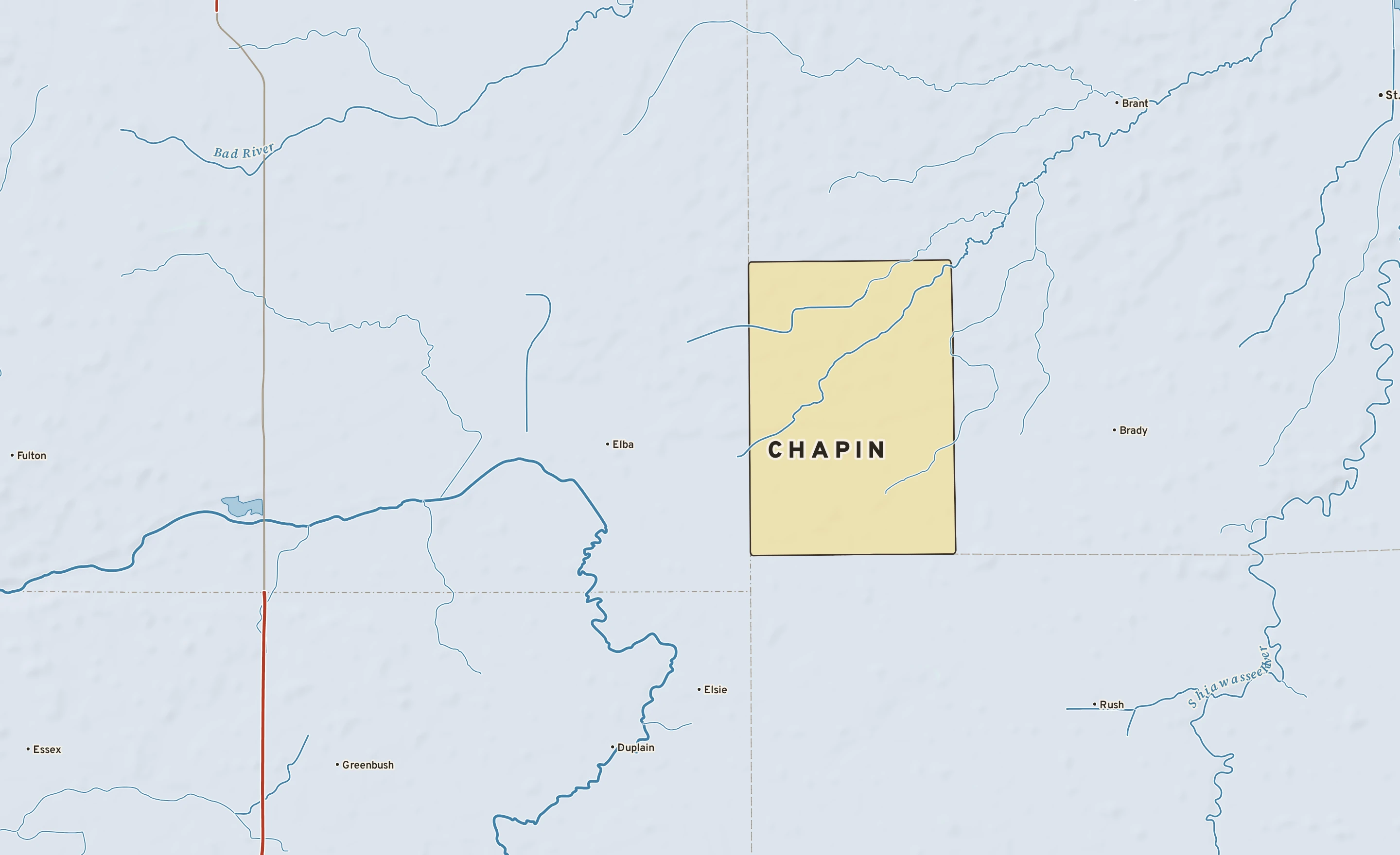 Shaded-relief atlas plate of Chapin, Michigan: rivers, roads, the city limits and where the water drains.