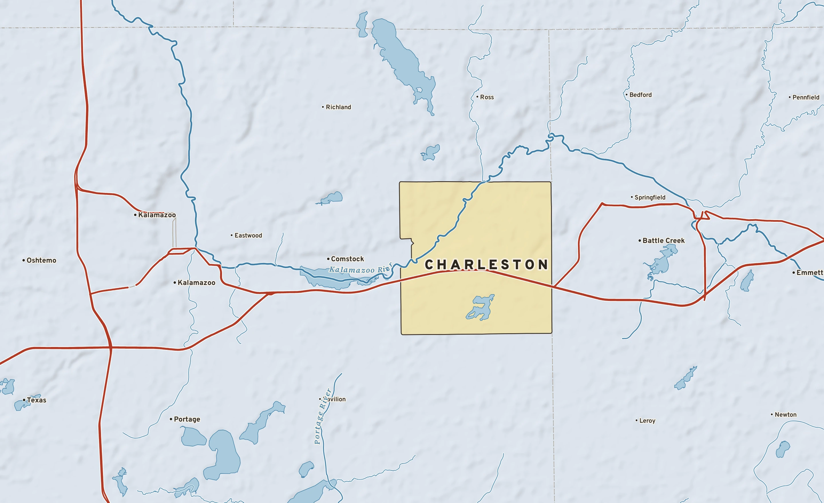 Shaded-relief atlas plate of Charleston, Michigan: rivers, roads, the city limits and where the water drains.