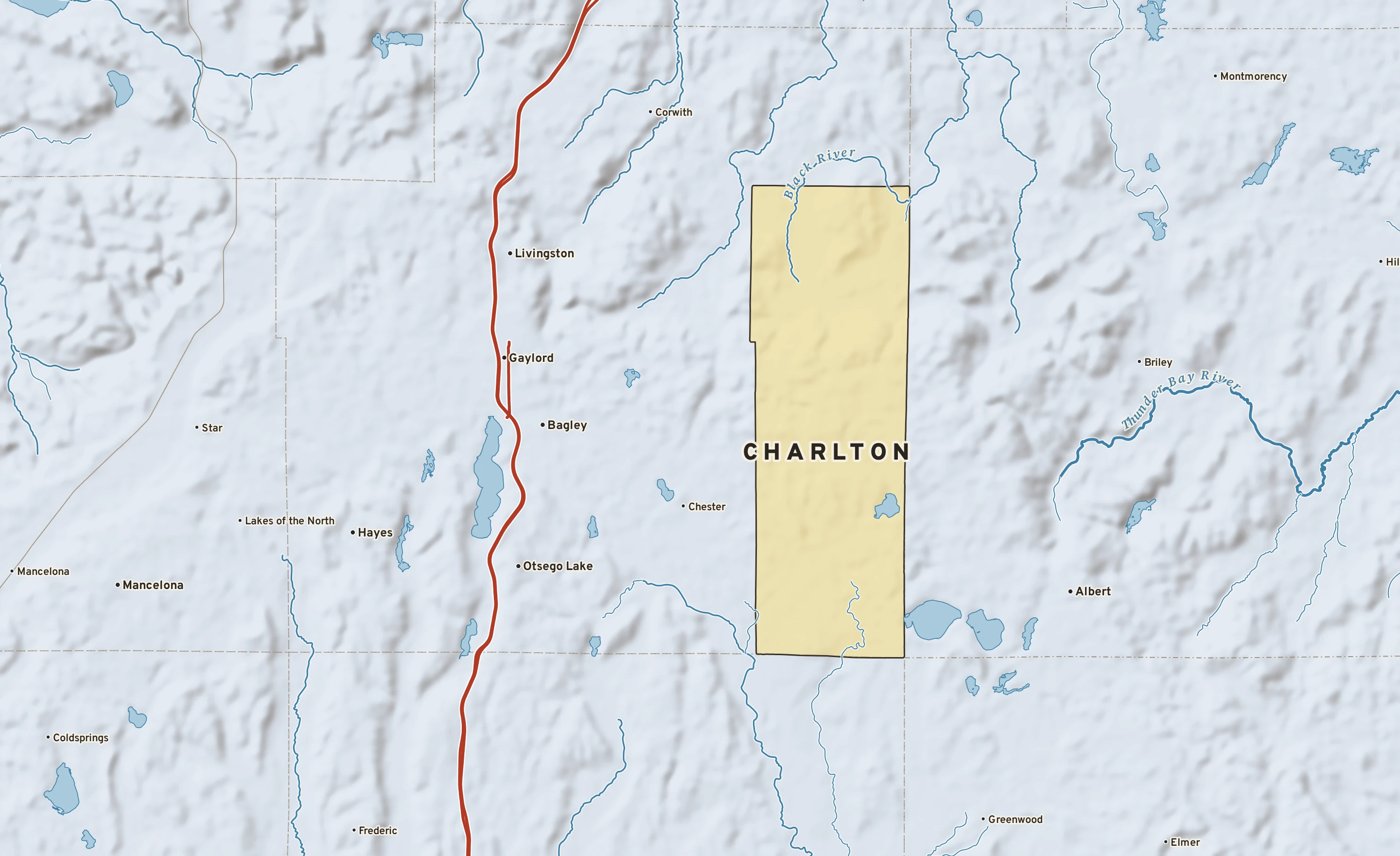 Shaded-relief atlas plate of Charlton, Michigan: rivers, roads, the city limits and where the water drains.