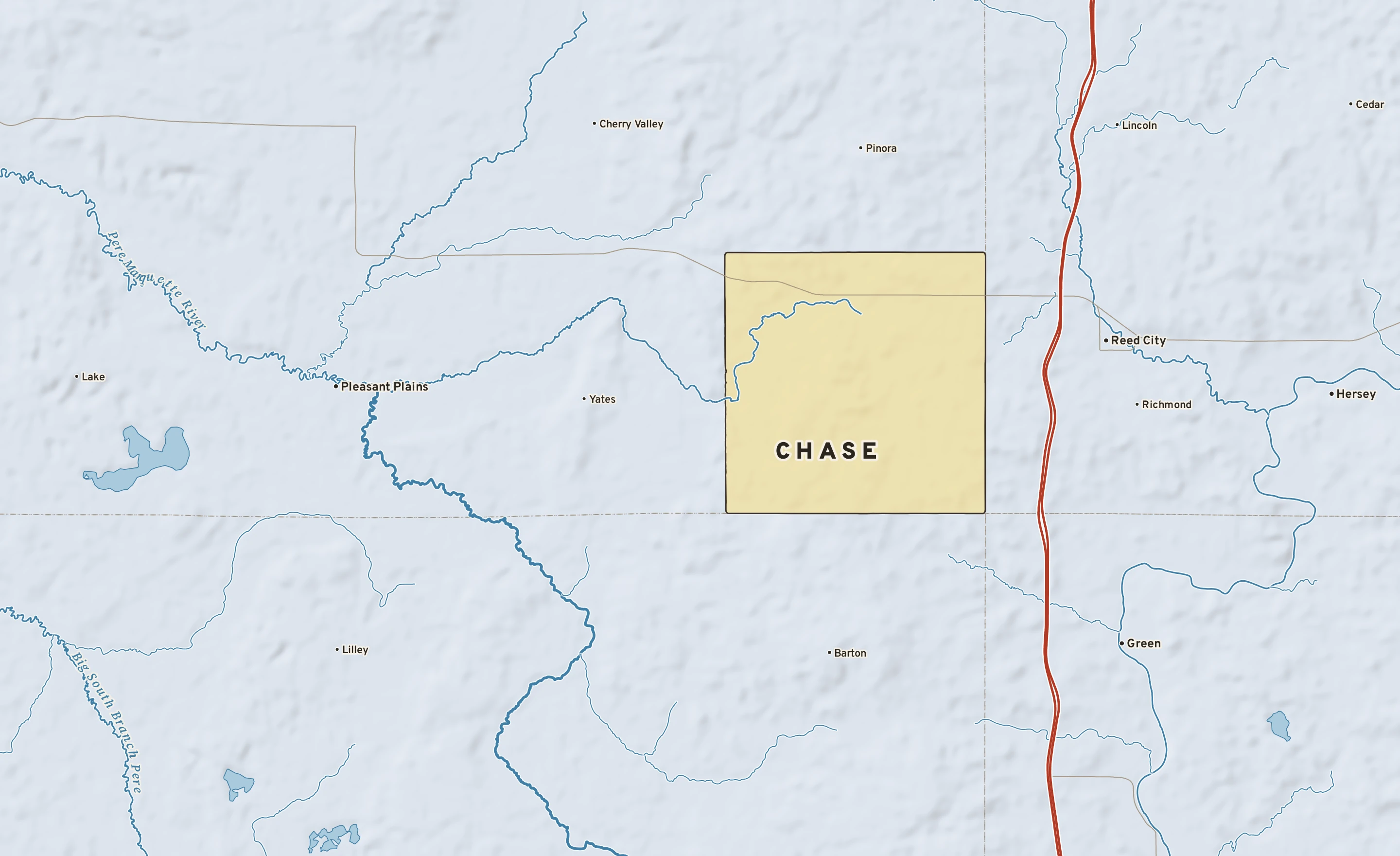 Shaded-relief atlas plate of Chase, Michigan: rivers, roads, the city limits and where the water drains.