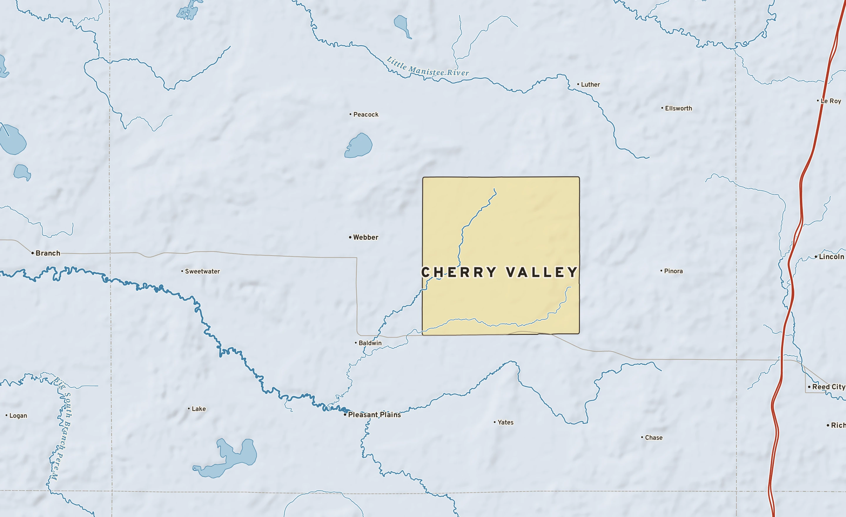 Shaded-relief atlas plate of Cherry Valley, Michigan: rivers, roads, the city limits and where the water drains.