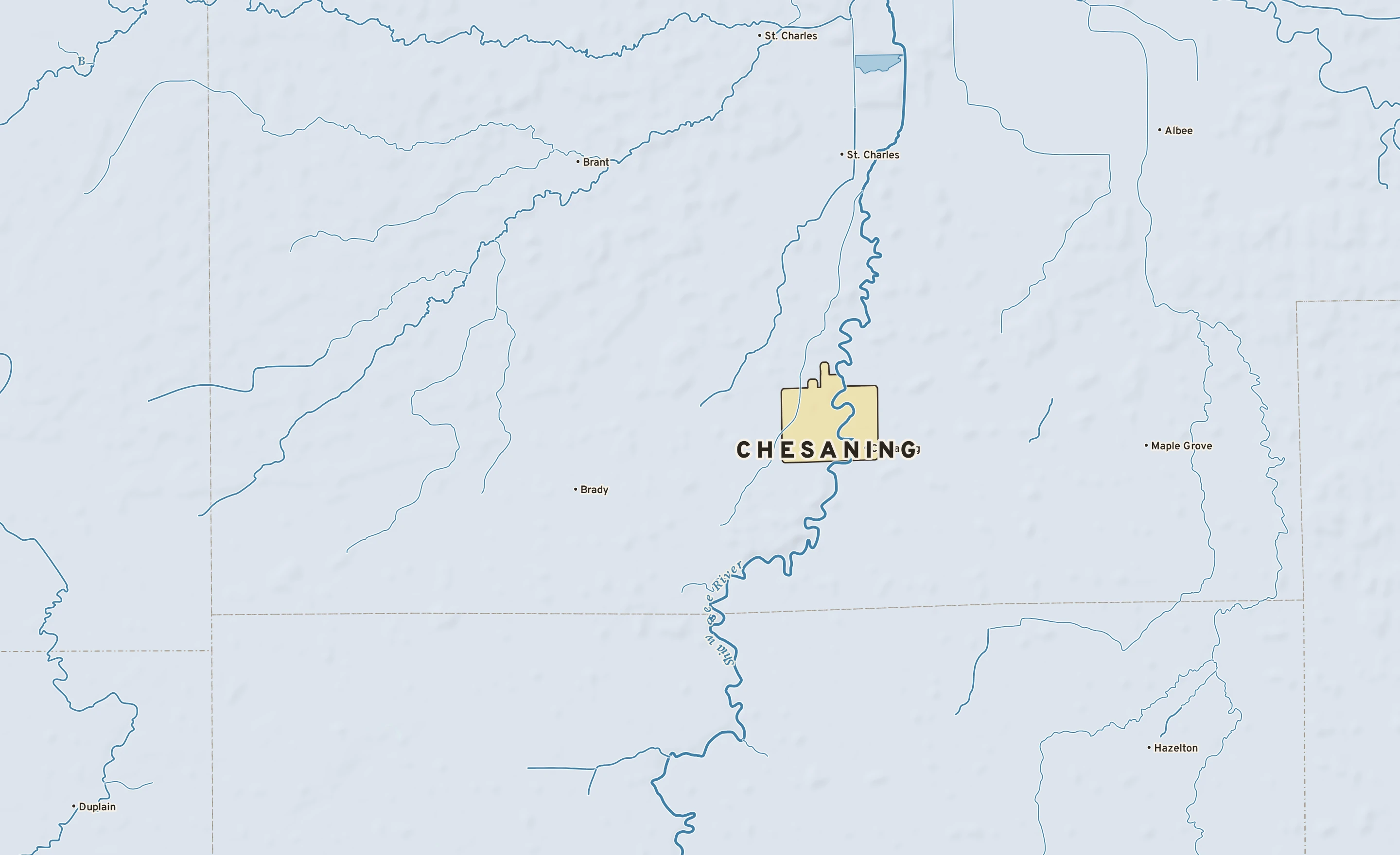 Shaded-relief atlas plate of Chesaning, Michigan: rivers, roads, the city limits and where the water drains.