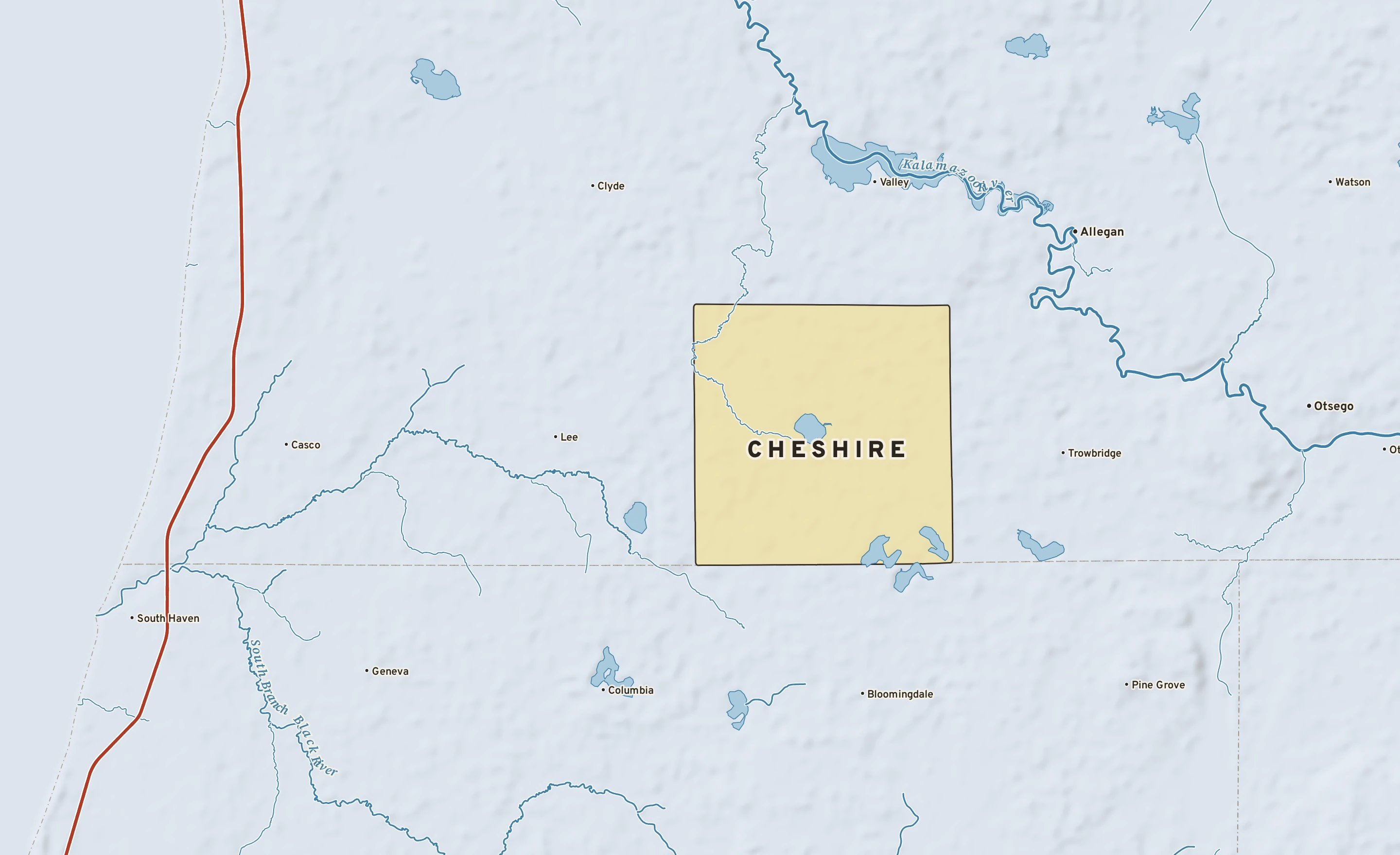 Shaded-relief atlas plate of Cheshire, Michigan: rivers, roads, the city limits and where the water drains.