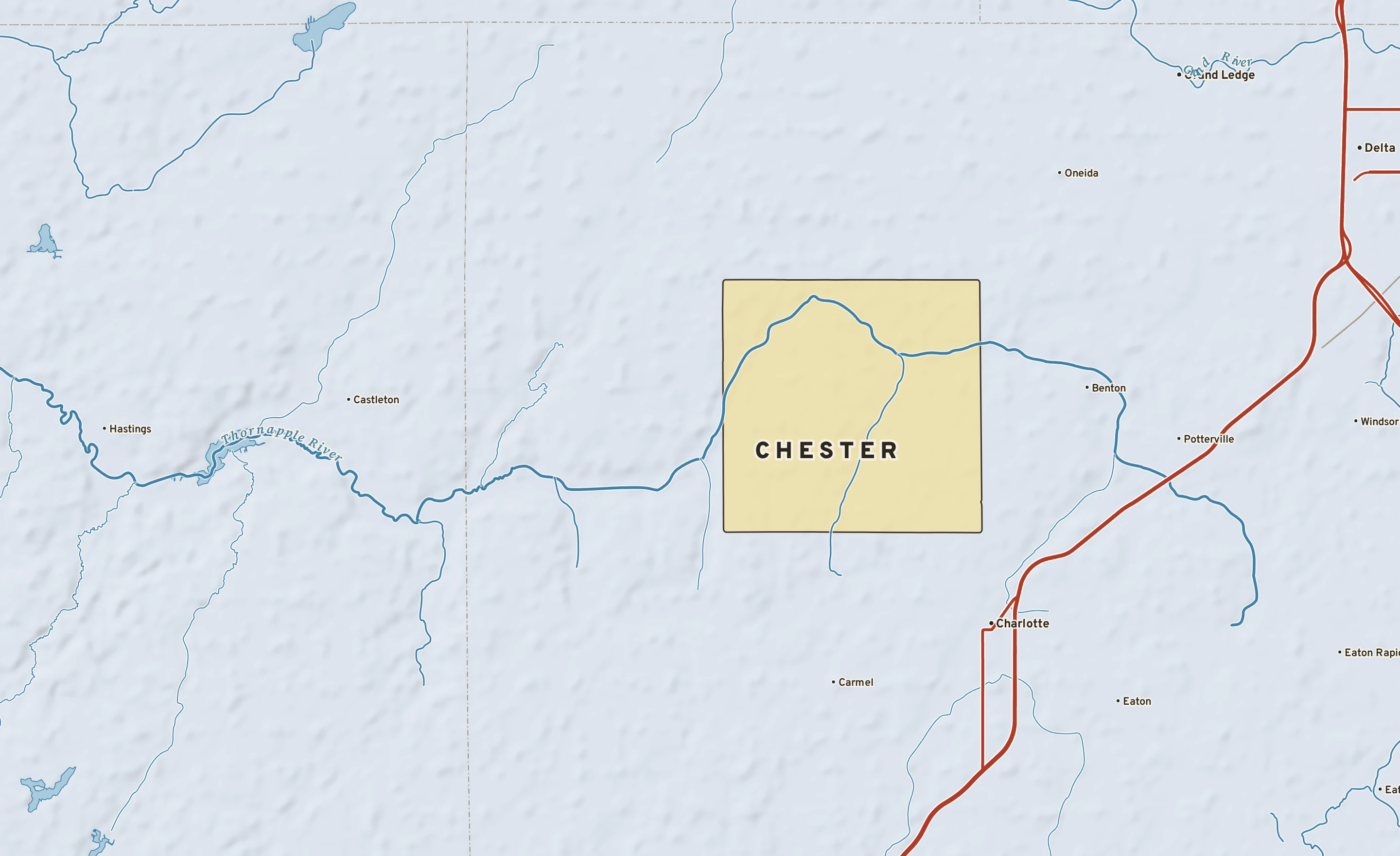 Shaded-relief atlas plate of Chester, Michigan: rivers, roads, the city limits and where the water drains.