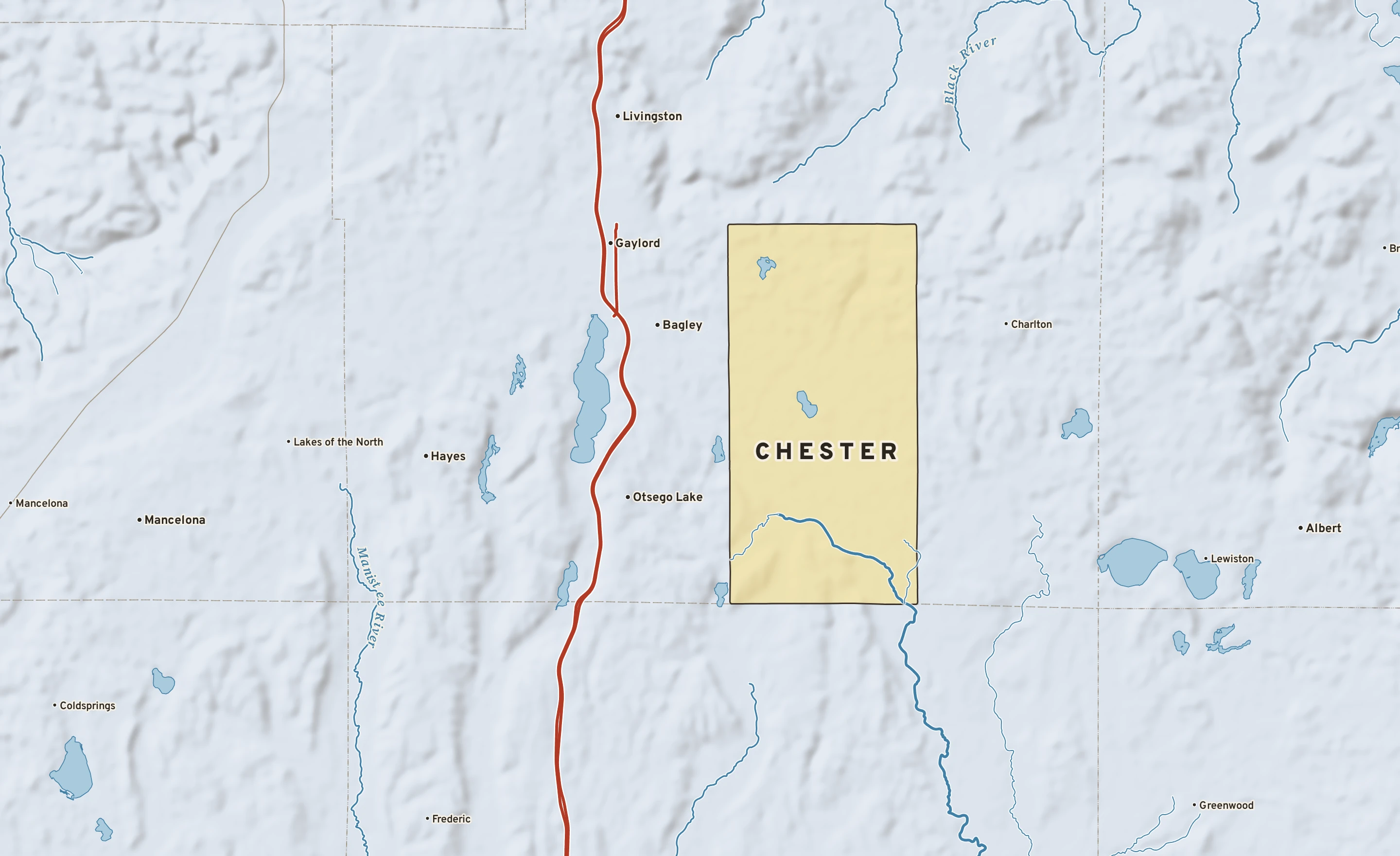 Shaded-relief atlas plate of Chester, Michigan: rivers, roads, the city limits and where the water drains.