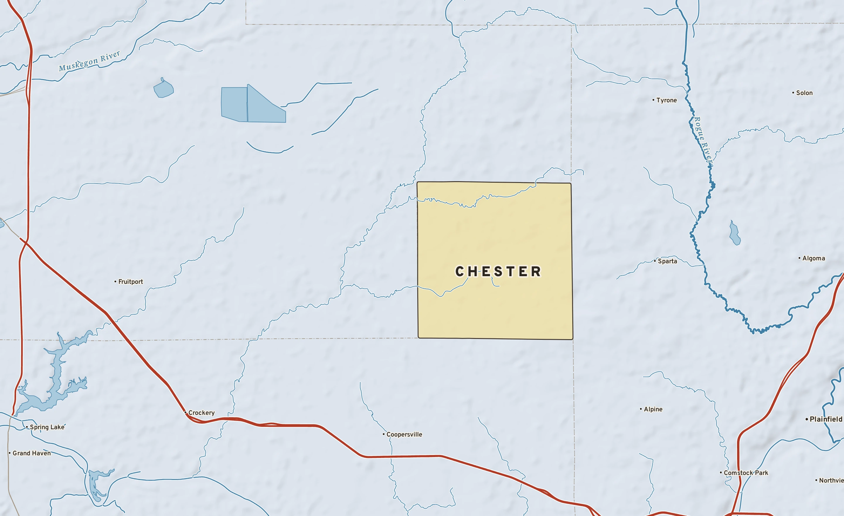 Shaded-relief atlas plate of Chester, Michigan: rivers, roads, the city limits and where the water drains.