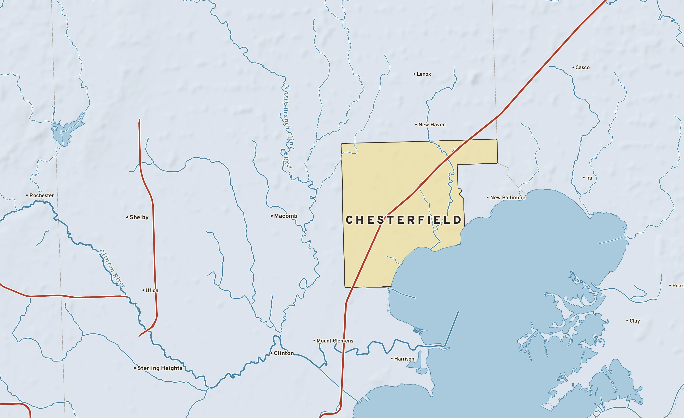 Shaded-relief atlas plate of Chesterfield, Michigan: rivers, roads, the city limits and where the water drains.