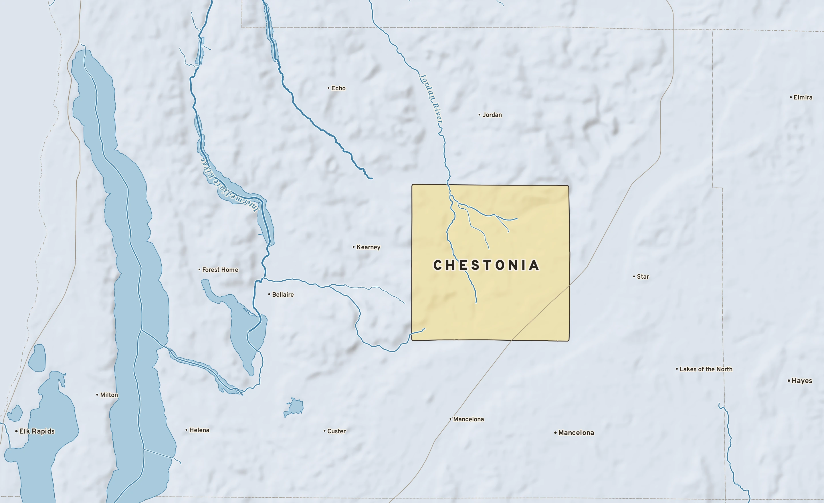 Shaded-relief atlas plate of Chestonia, Michigan: rivers, roads, the city limits and where the water drains.