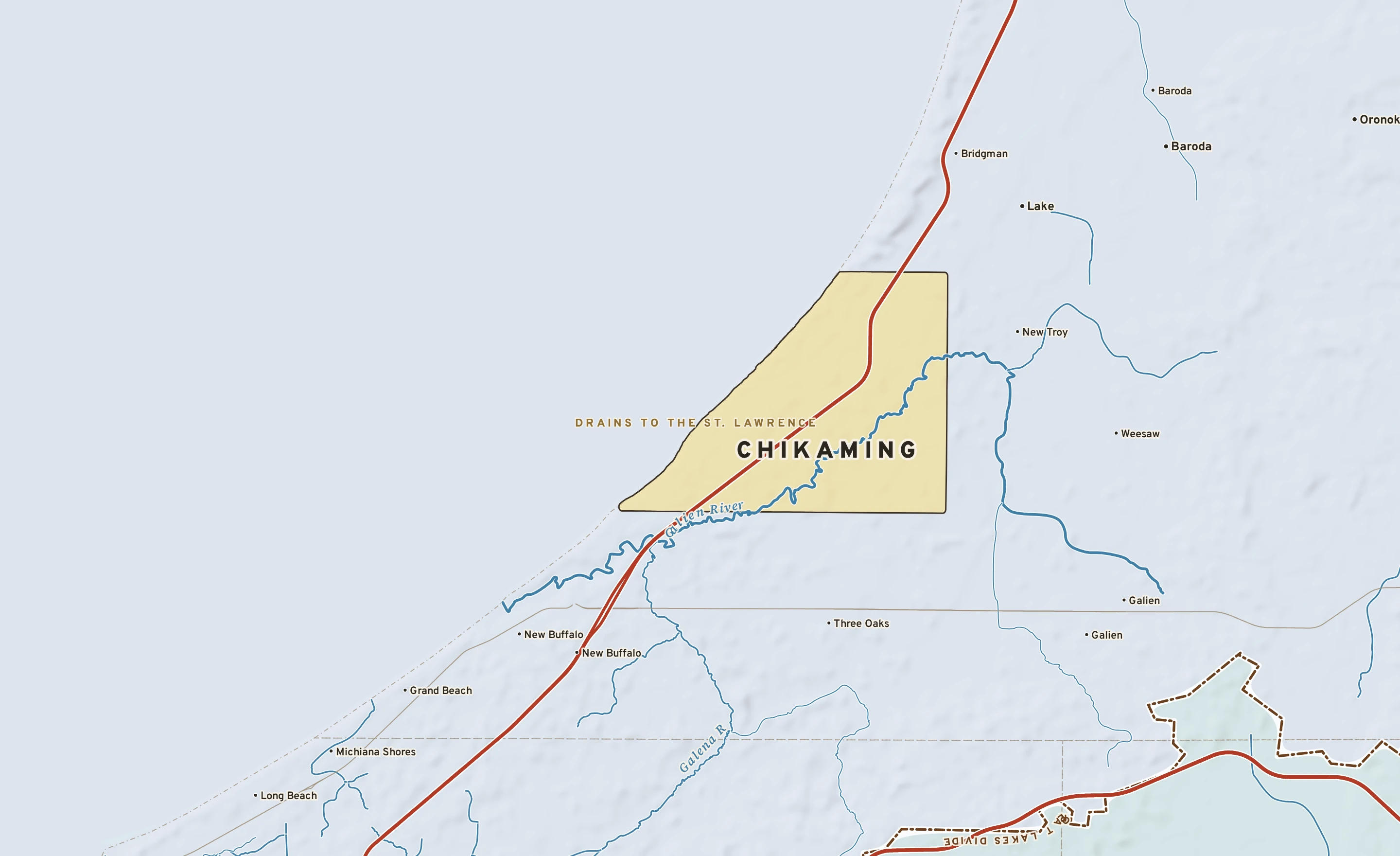 Shaded-relief atlas plate of Chikaming, Michigan: rivers, roads, the city limits and where the water drains.