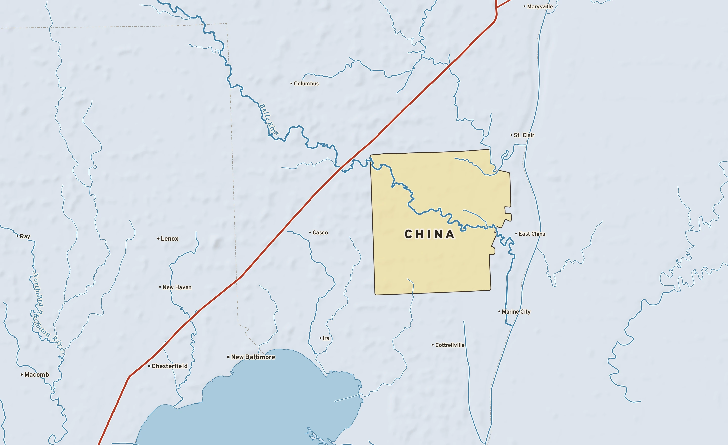 Shaded-relief atlas plate of China, Michigan: rivers, roads, the city limits and where the water drains.