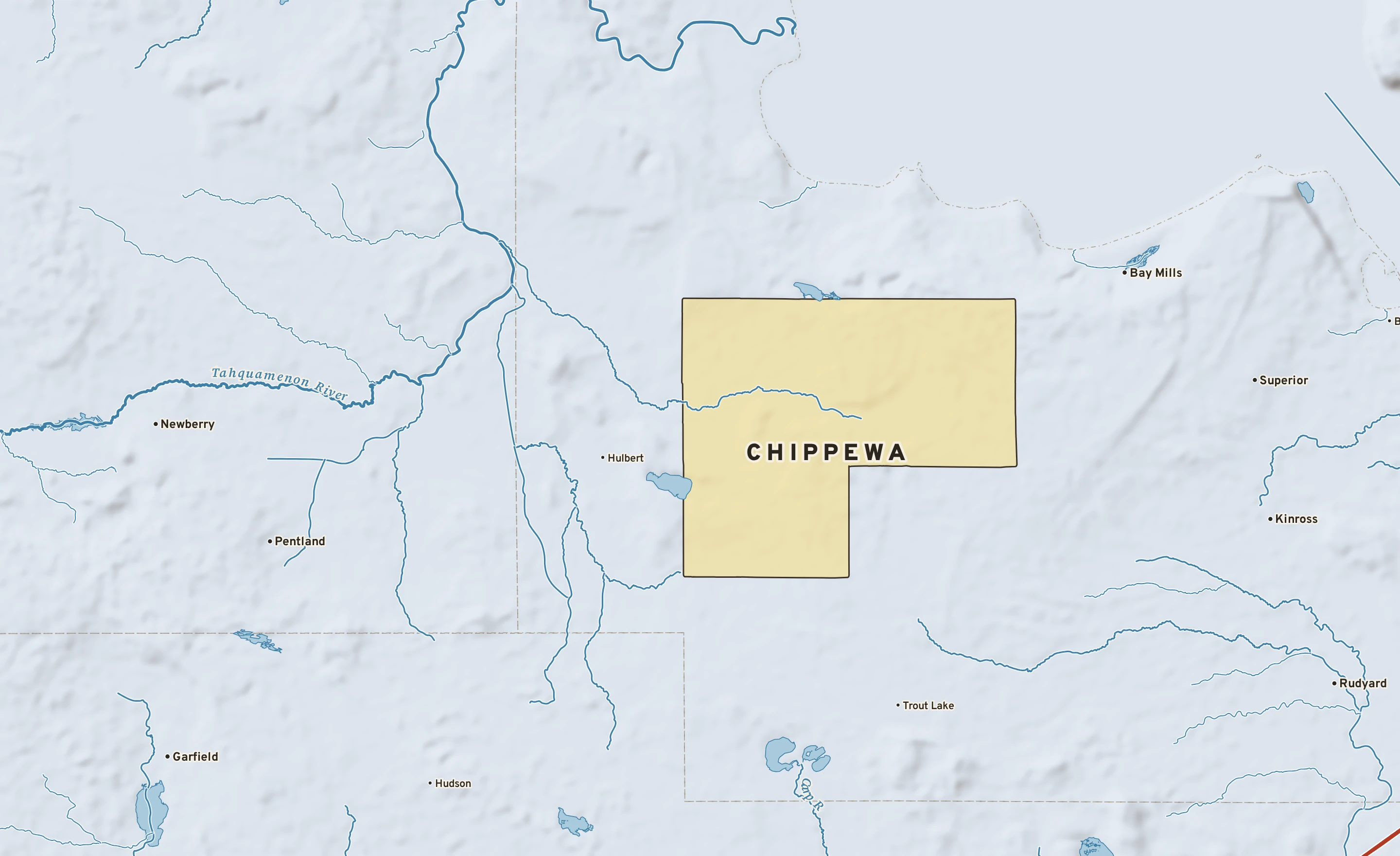 Shaded-relief atlas plate of Chippewa, Michigan: rivers, roads, the city limits and where the water drains.
