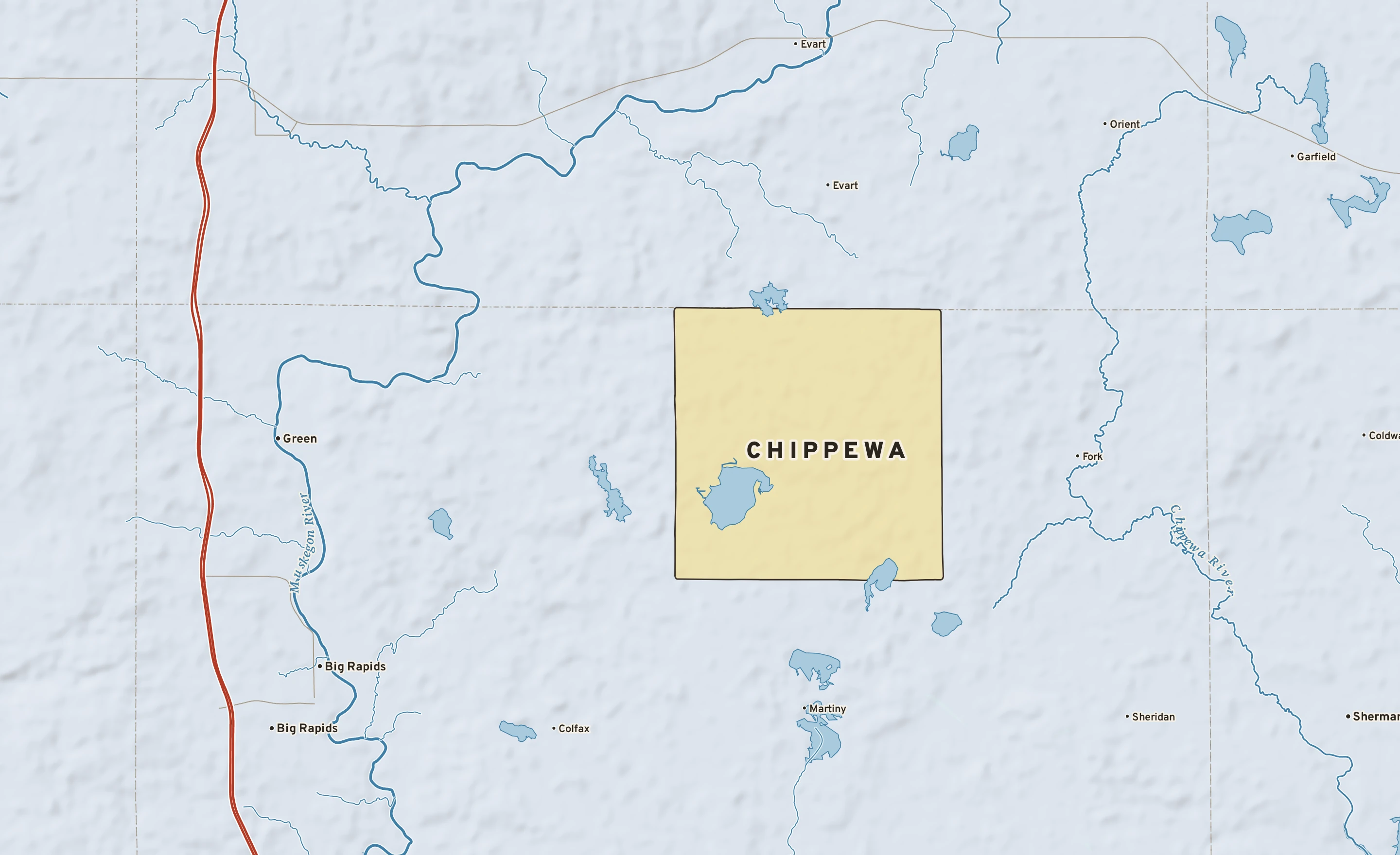 Shaded-relief atlas plate of Chippewa, Michigan: rivers, roads, the city limits and where the water drains.