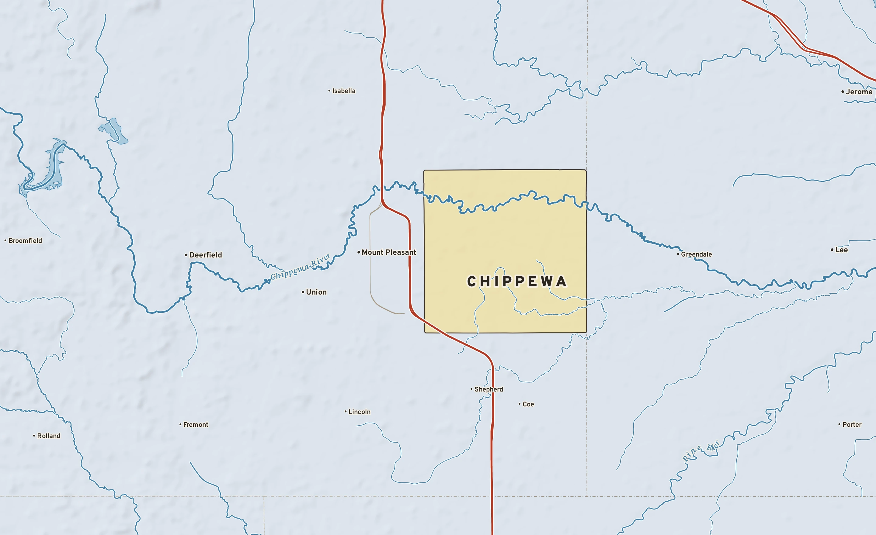 Shaded-relief atlas plate of Chippewa, Michigan: rivers, roads, the city limits and where the water drains.