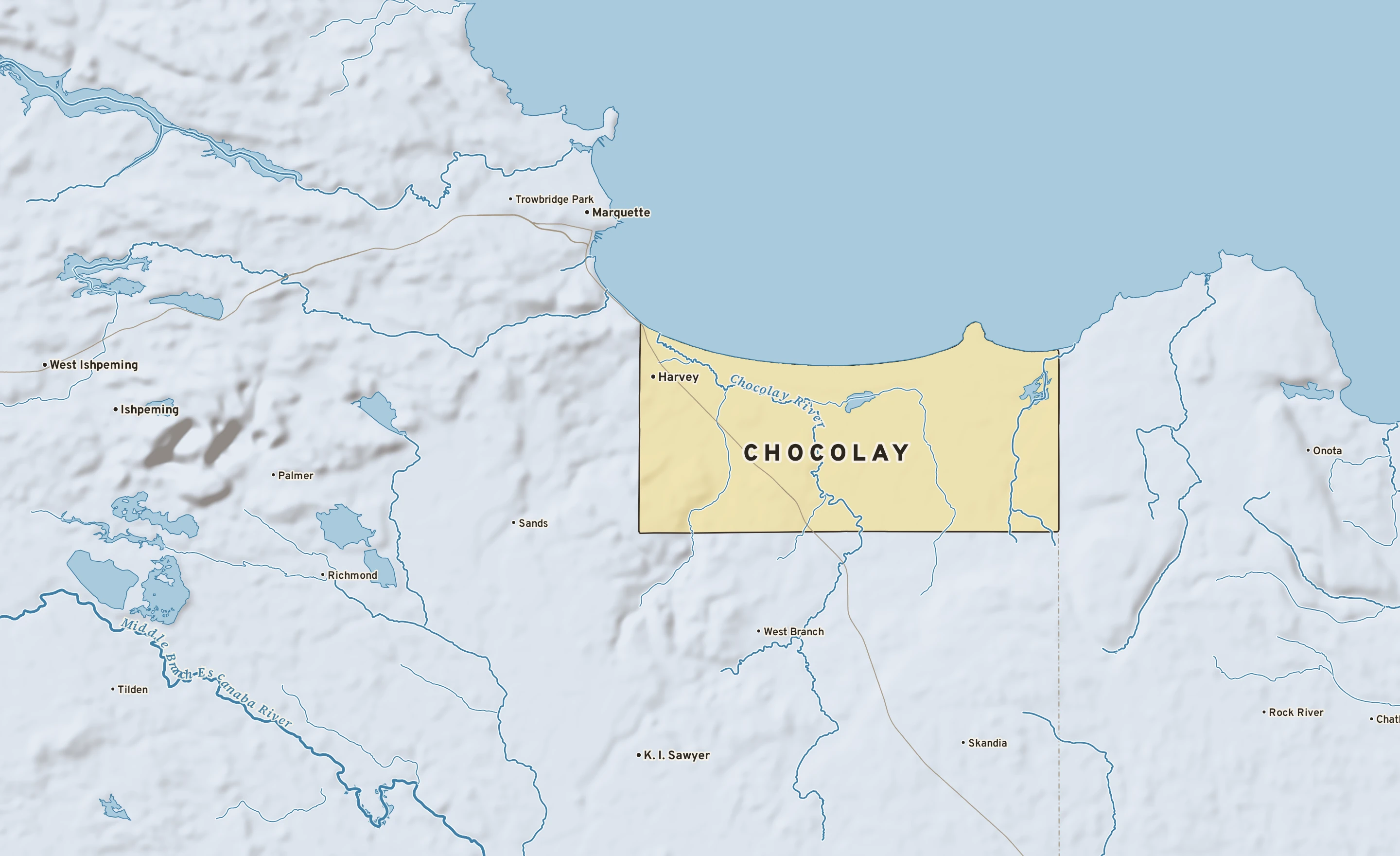 Shaded-relief atlas plate of Chocolay, Michigan: rivers, roads, the city limits and where the water drains.