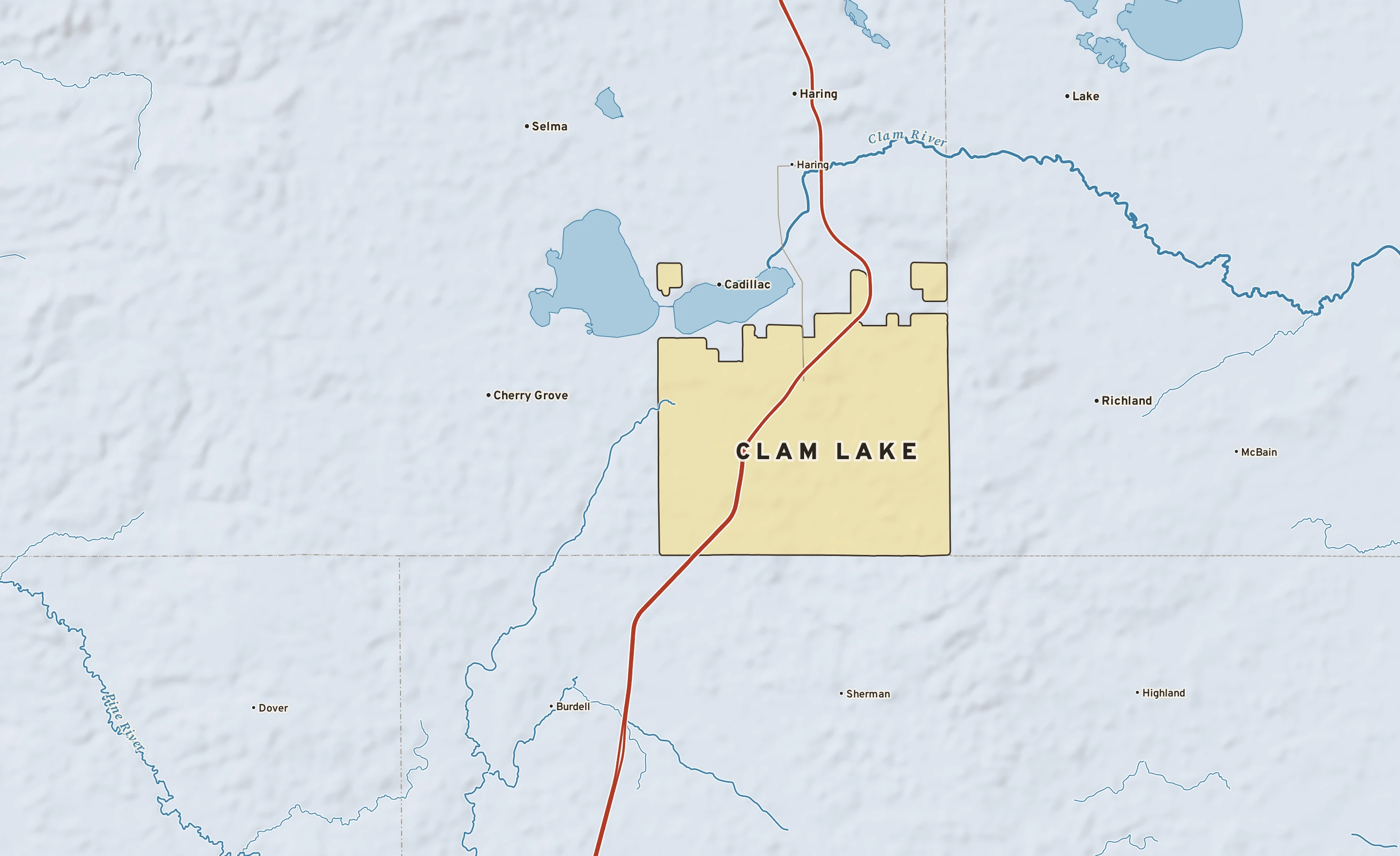 Shaded-relief atlas plate of Clam Lake, Michigan: rivers, roads, the city limits and where the water drains.
