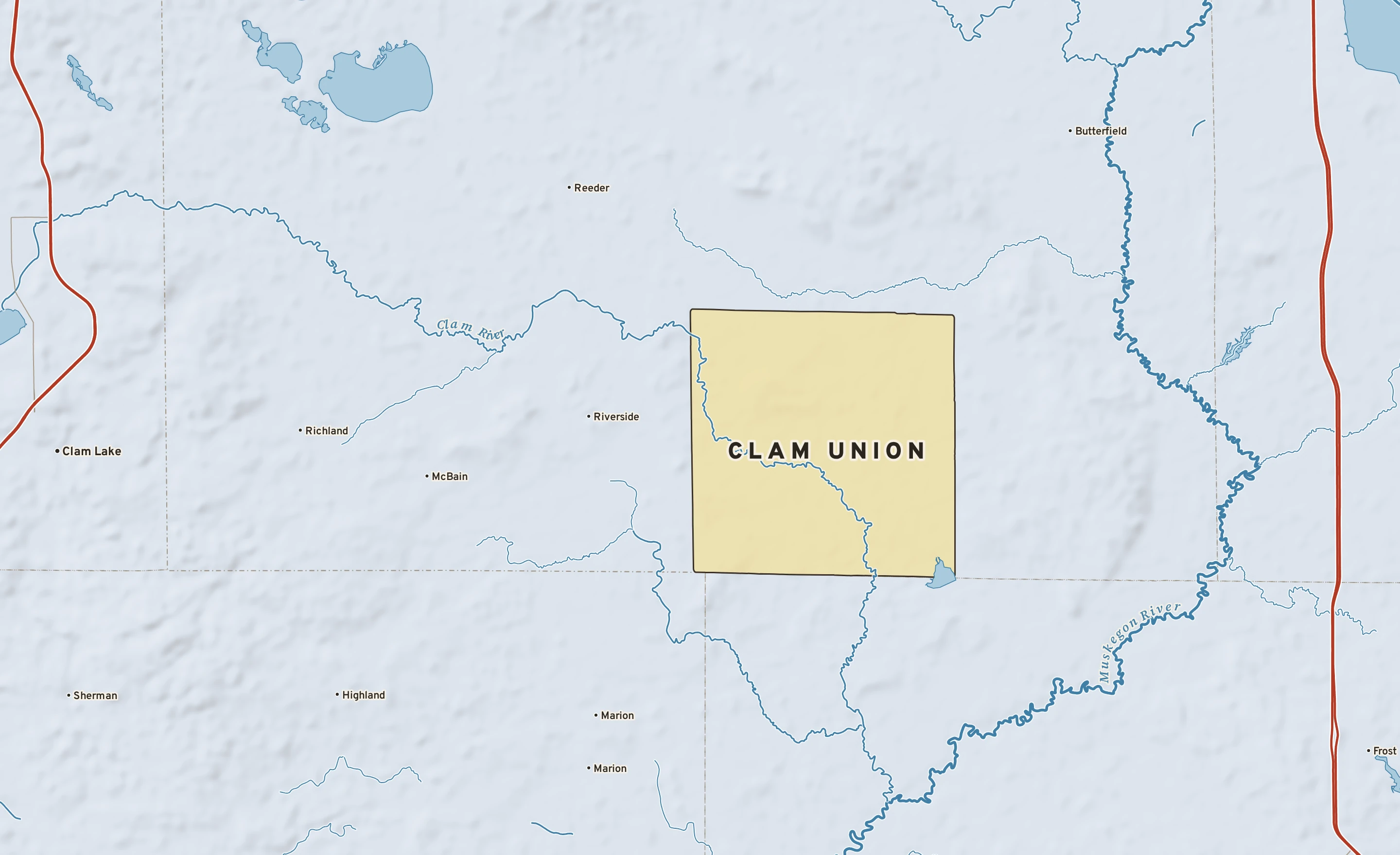 Shaded-relief atlas plate of Clam Union, Michigan: rivers, roads, the city limits and where the water drains.