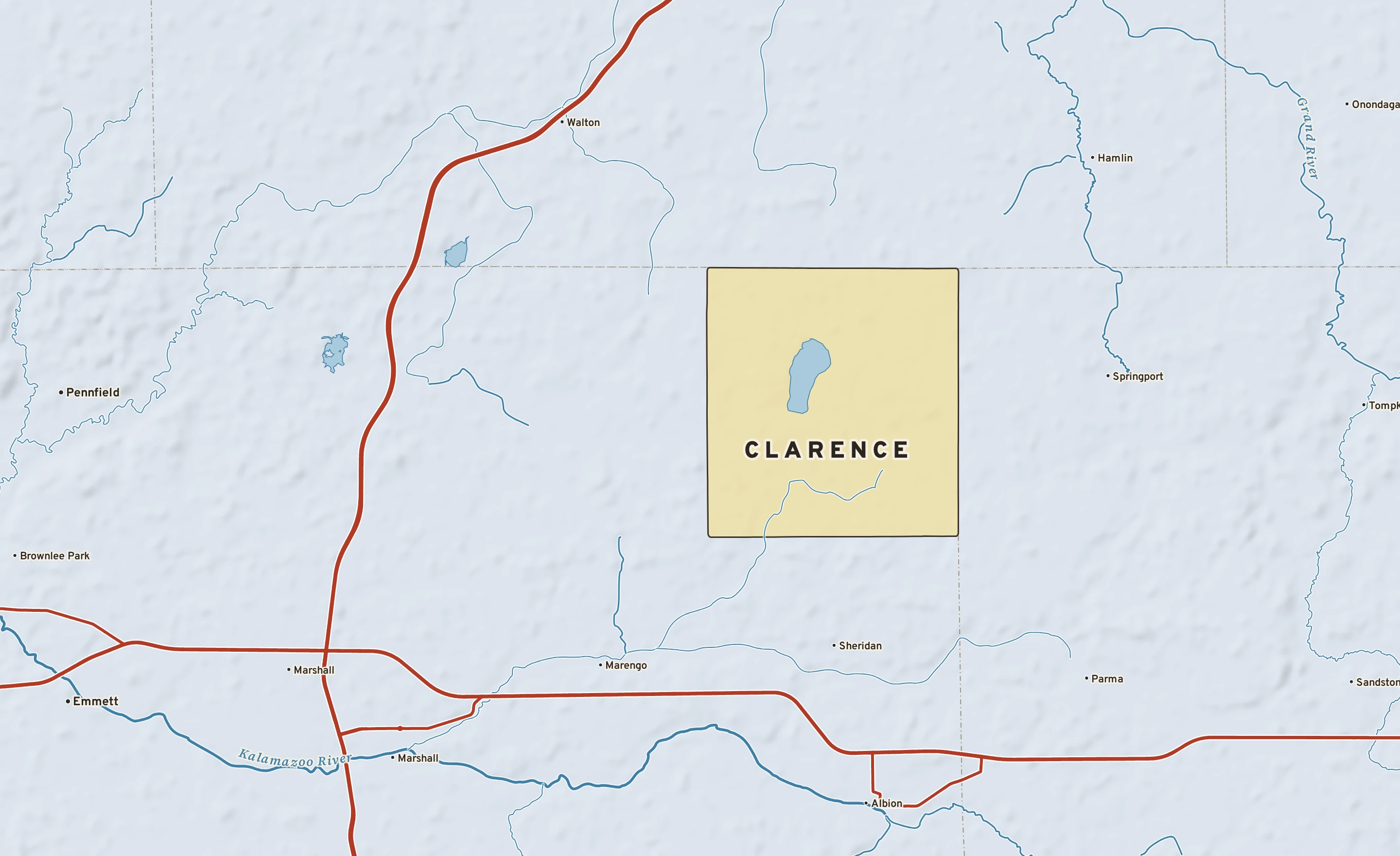 Shaded-relief atlas plate of Clarence, Michigan: rivers, roads, the city limits and where the water drains.