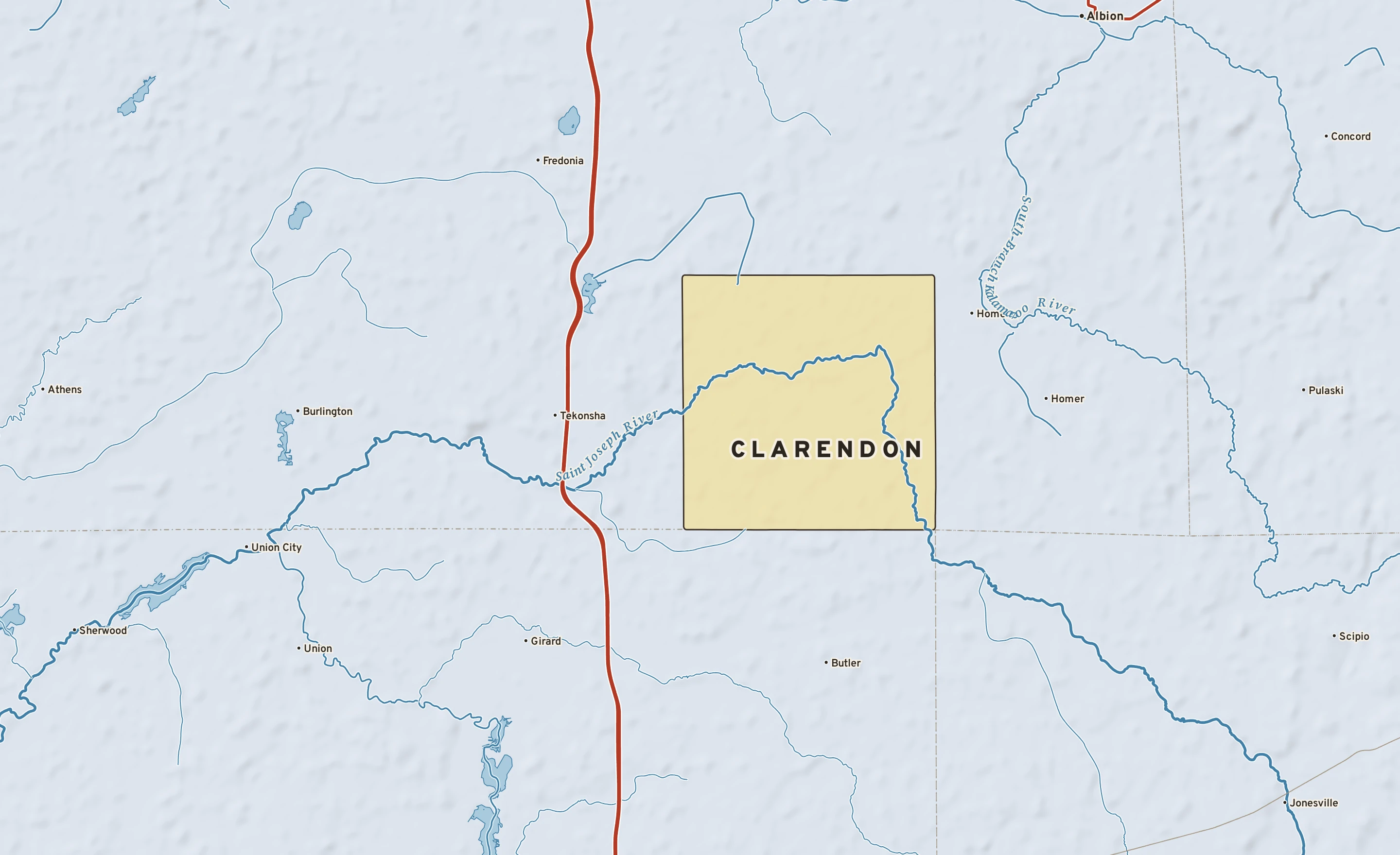 Shaded-relief atlas plate of Clarendon, Michigan: rivers, roads, the city limits and where the water drains.