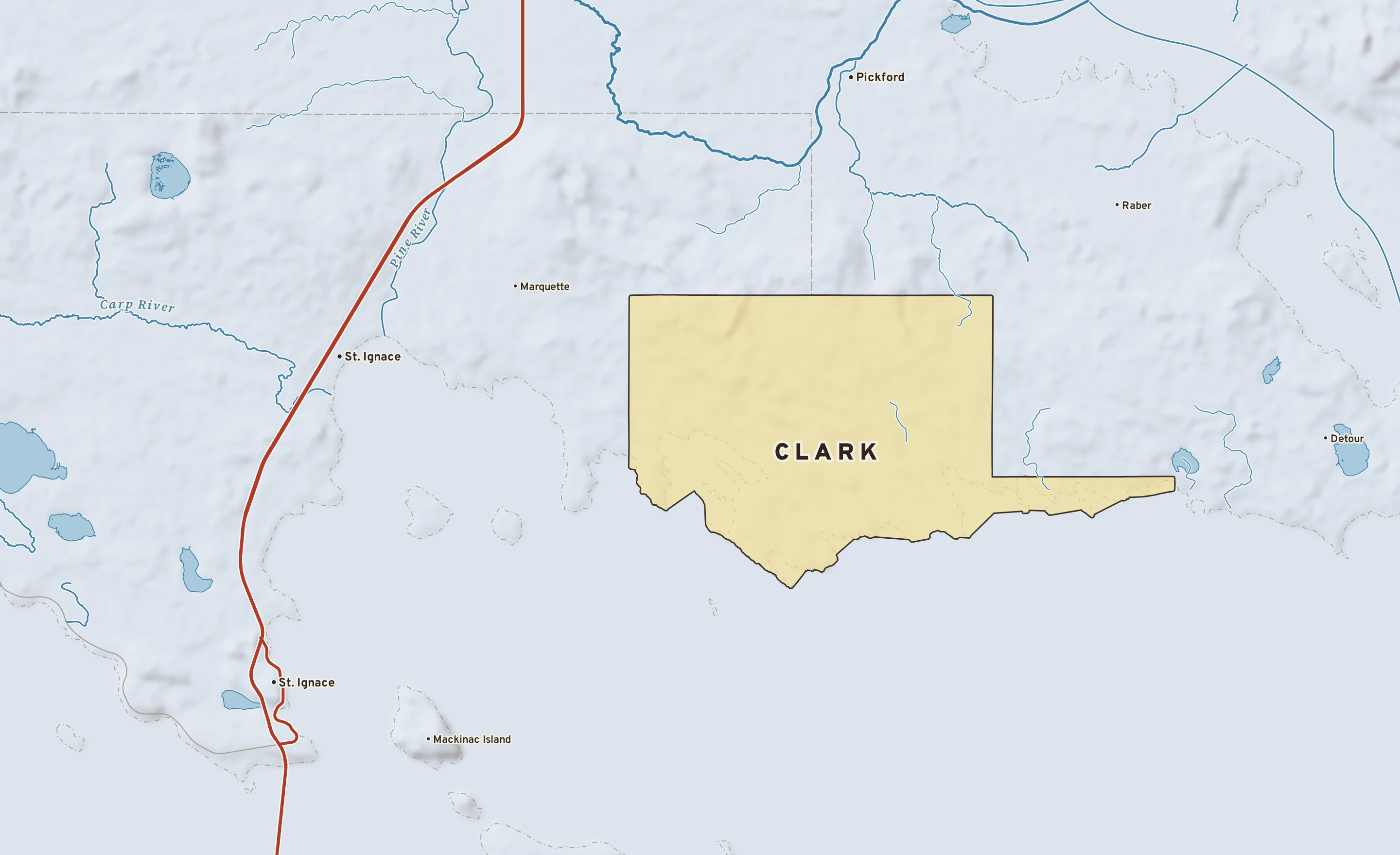 Shaded-relief atlas plate of Clark, Michigan: rivers, roads, the city limits and where the water drains.