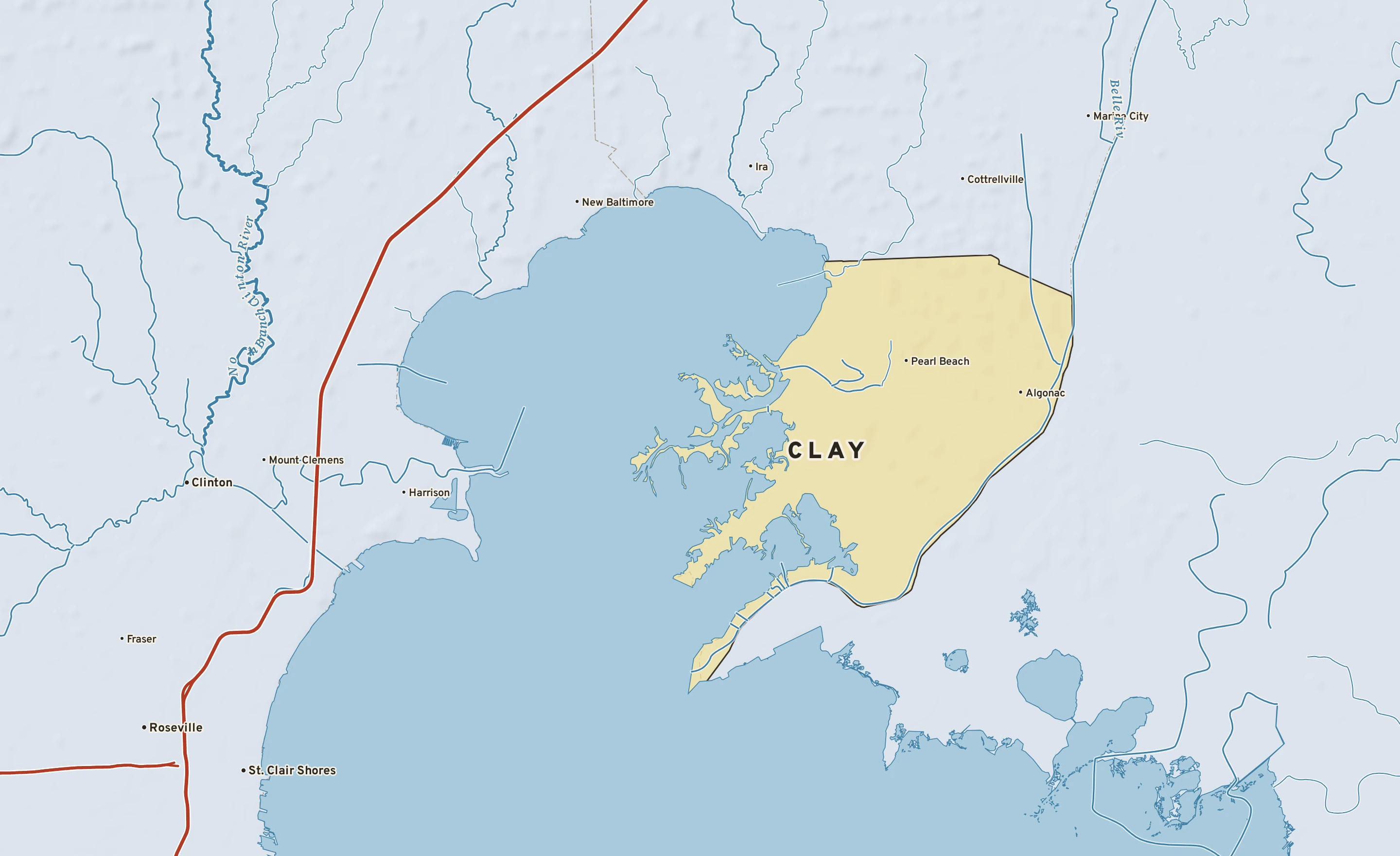 Shaded-relief atlas plate of Clay, Michigan: rivers, roads, the city limits and where the water drains.